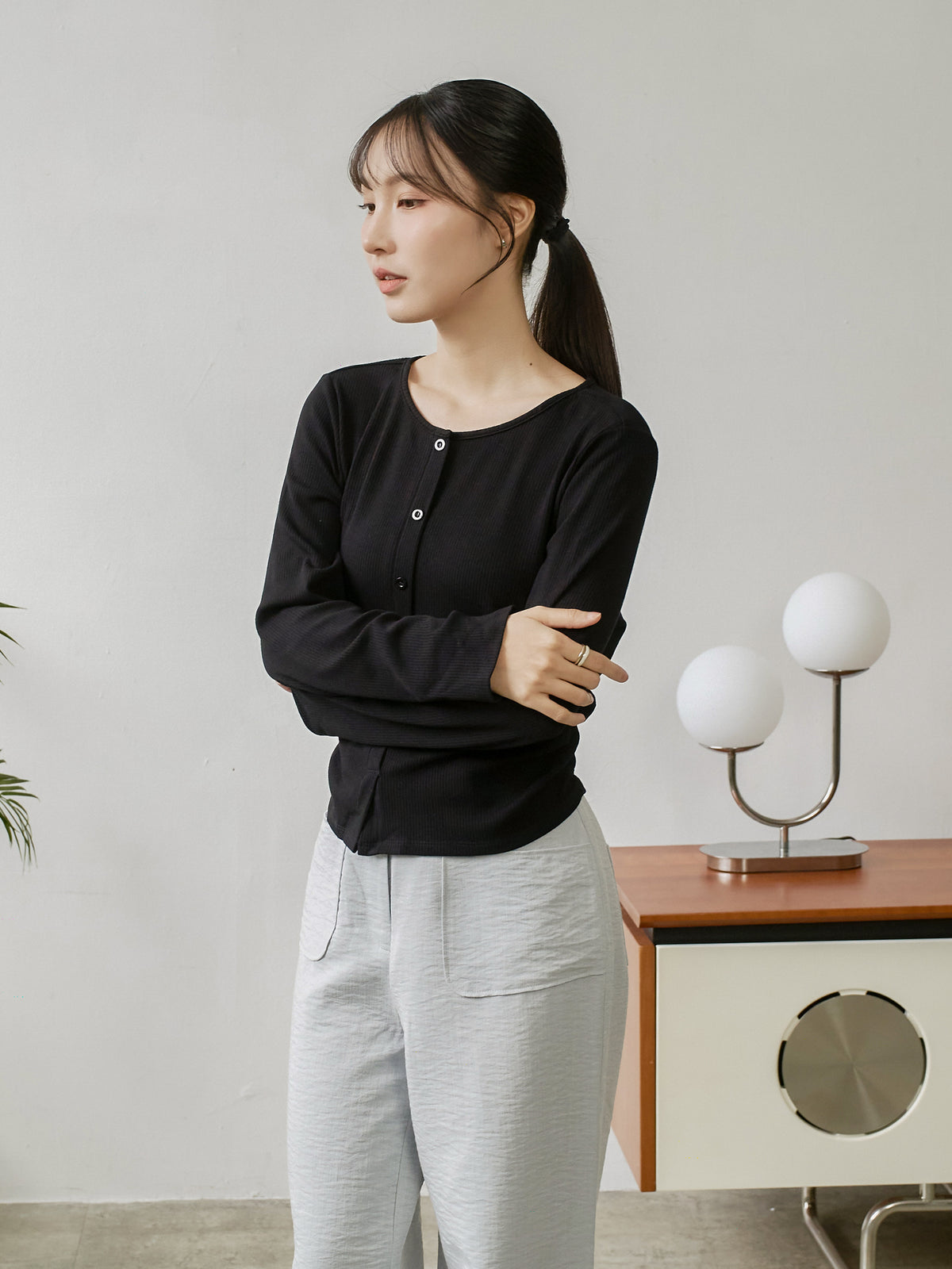 Side Shirring Buttoned Top