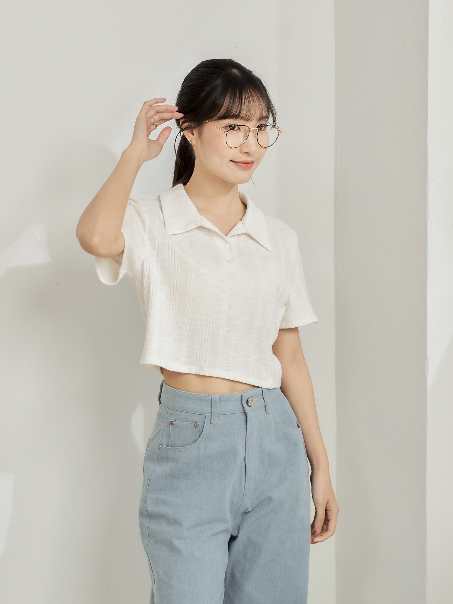 Knit-Blend Cropped Polo Top