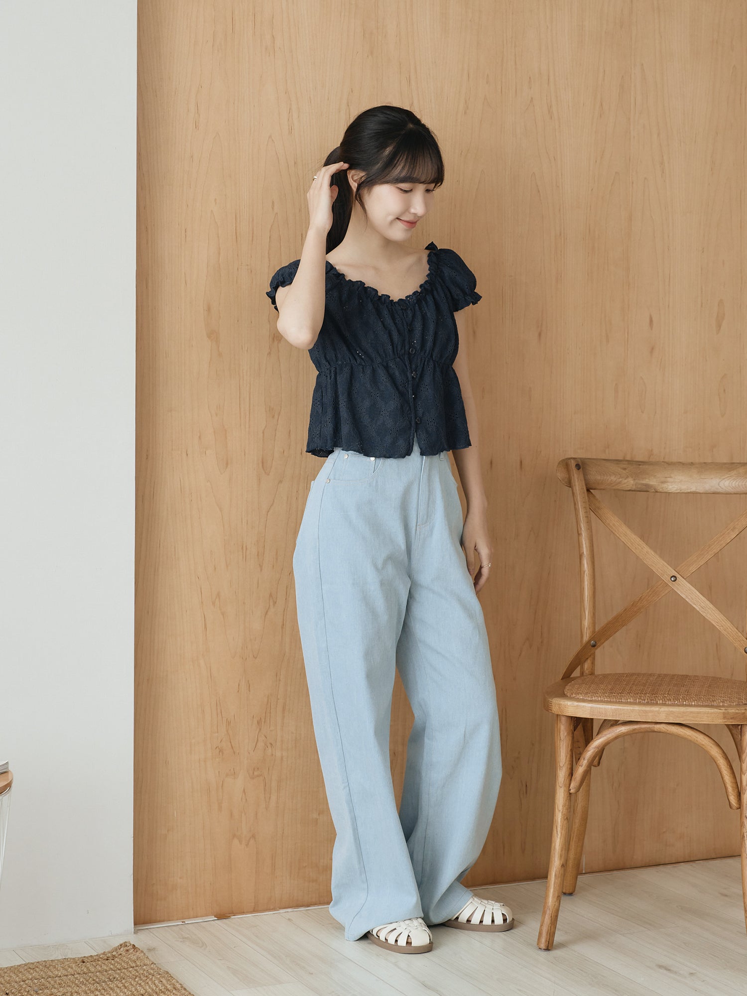 Buttoned Cap Sleeve Eyelet Top
