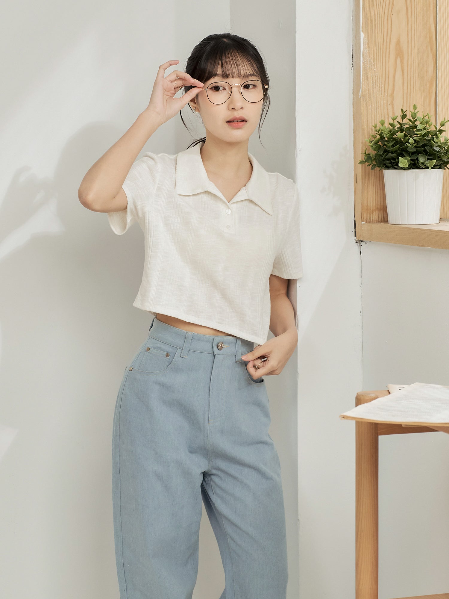Knit-Blend Cropped Polo Top