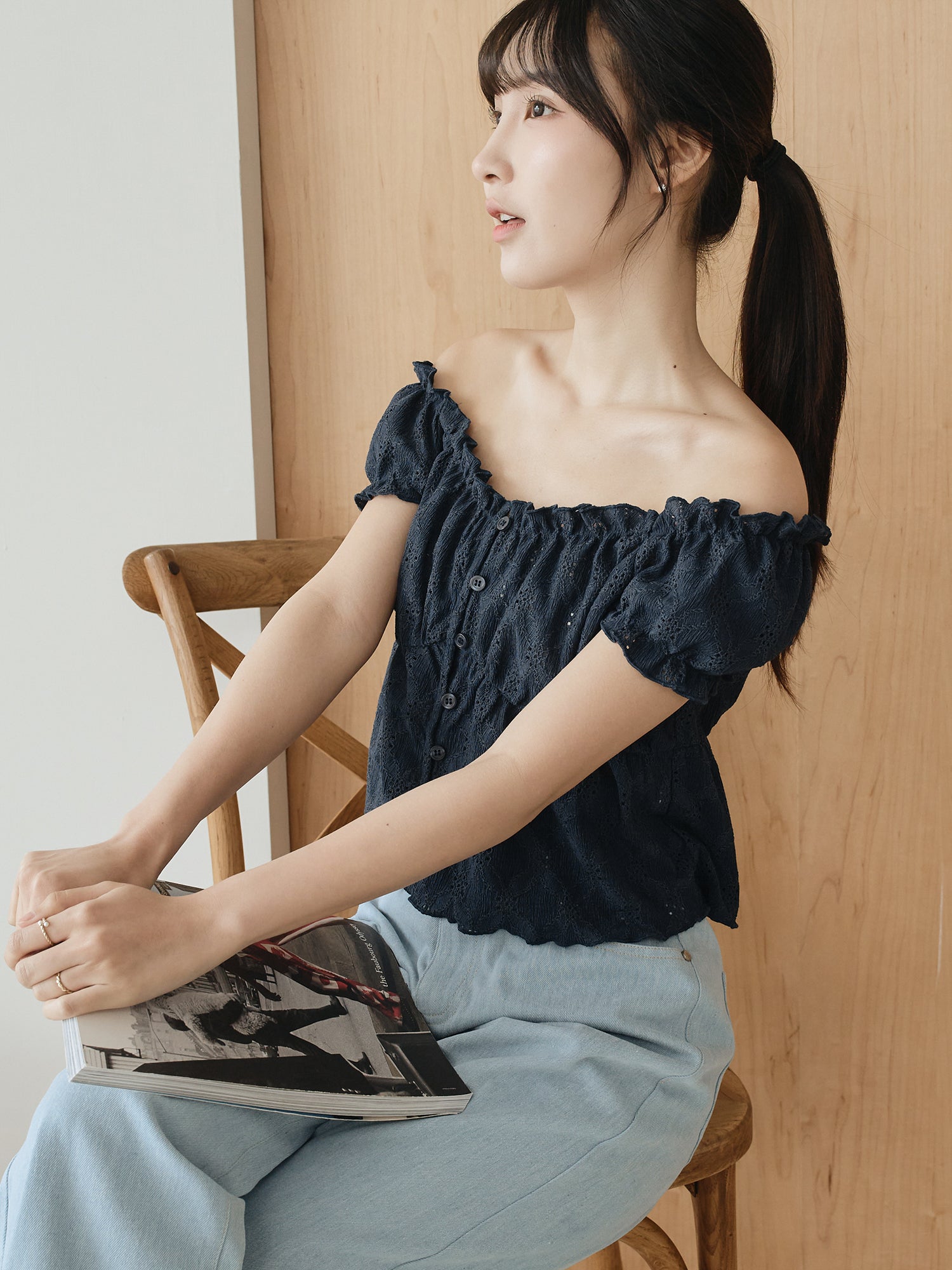 Buttoned Cap Sleeve Eyelet Top