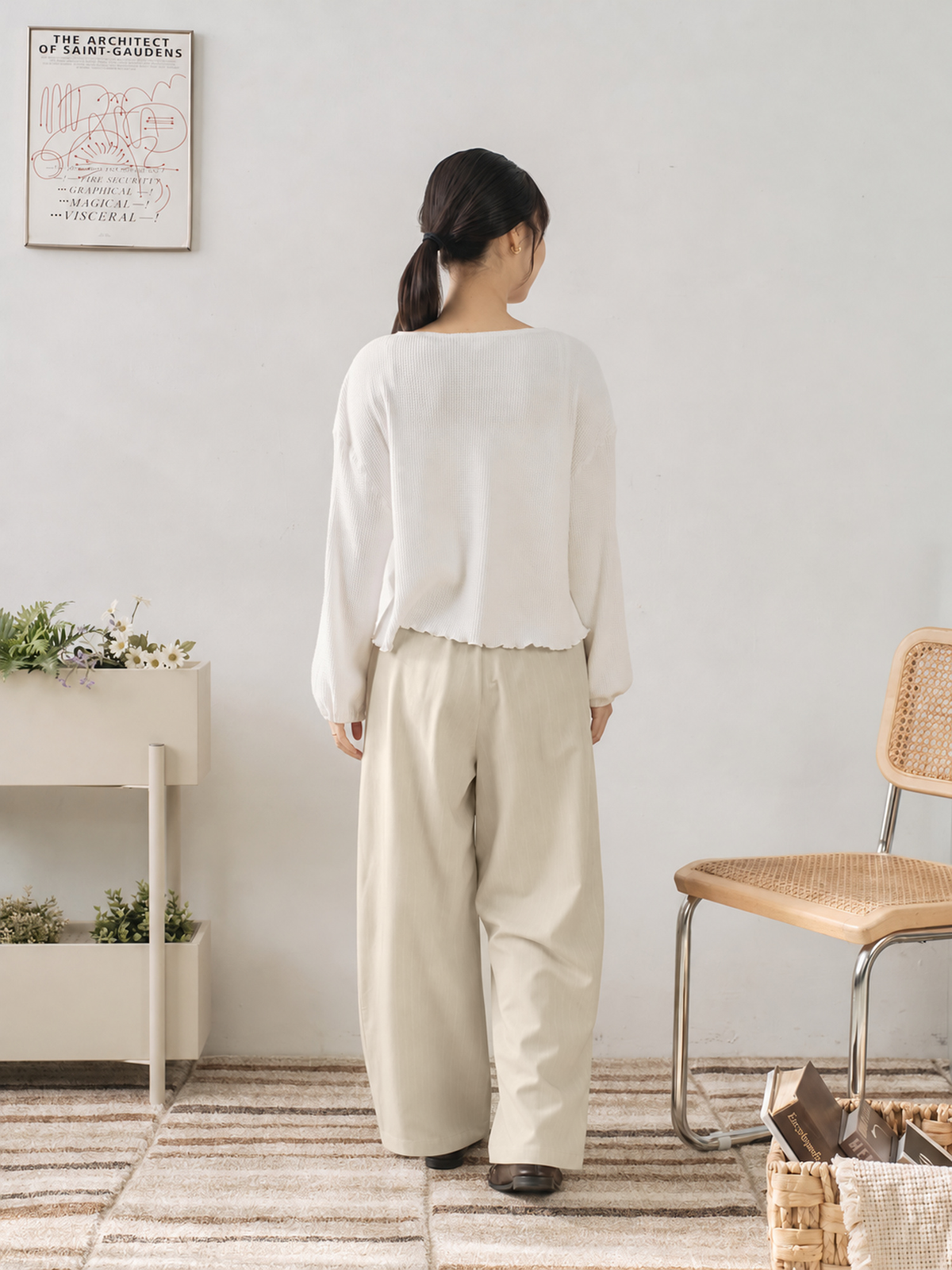 Dual Button Striped Wide-Leg Pants (With Elastic Waist)