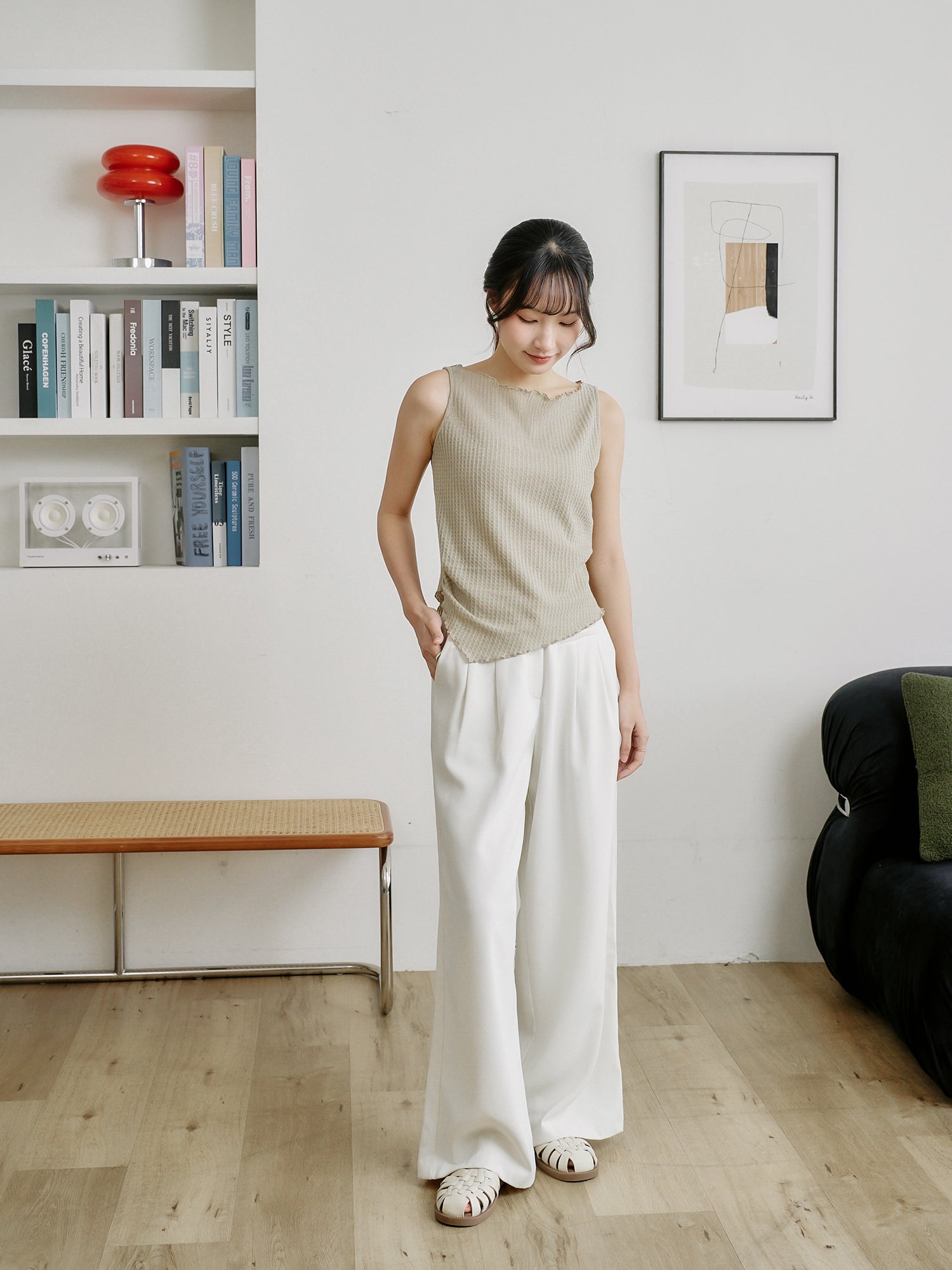 Asymmetric Waffle Sleeveless Top*