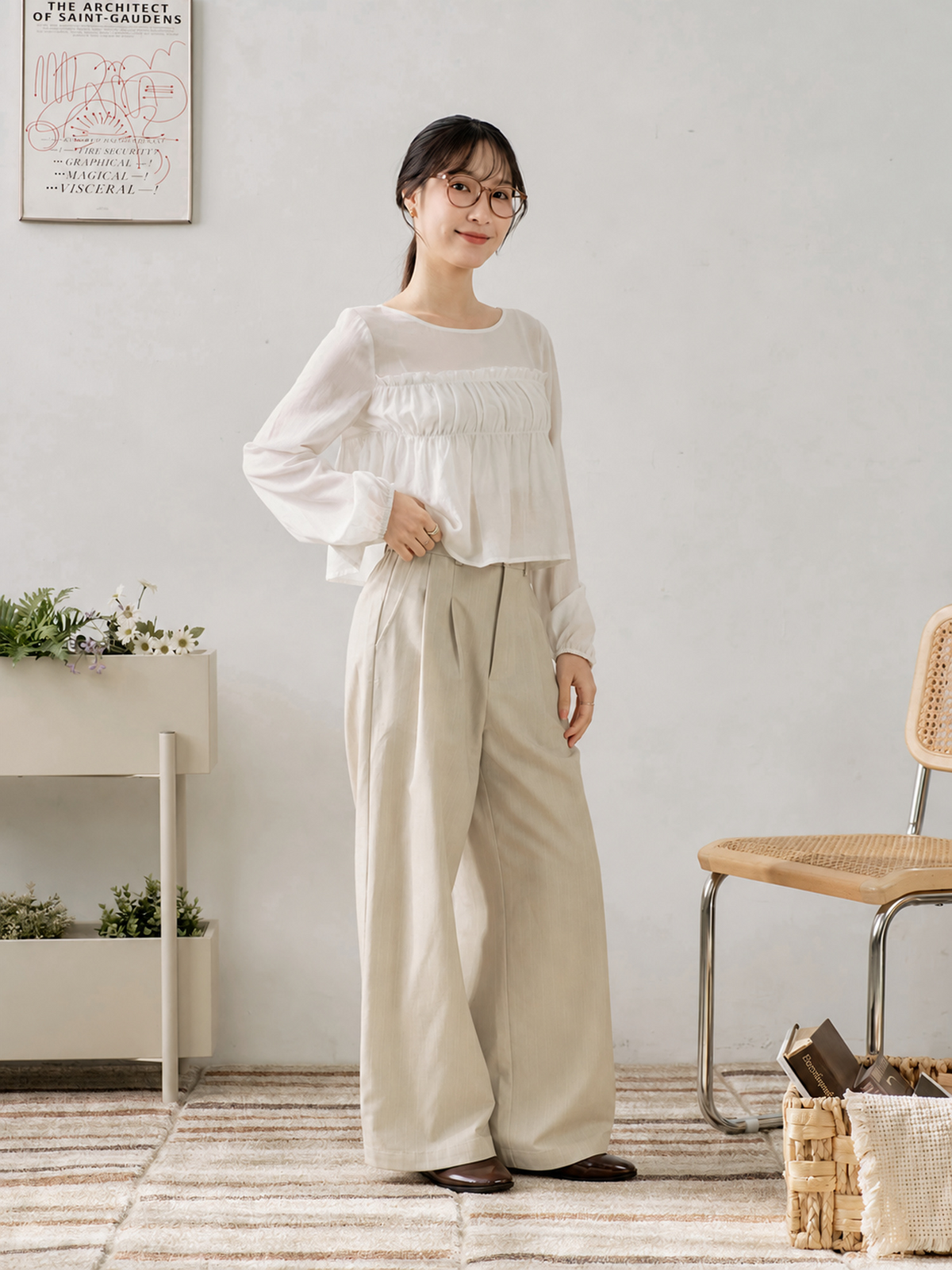 Dual Button Striped Wide-Leg Pants (With Elastic Waist)