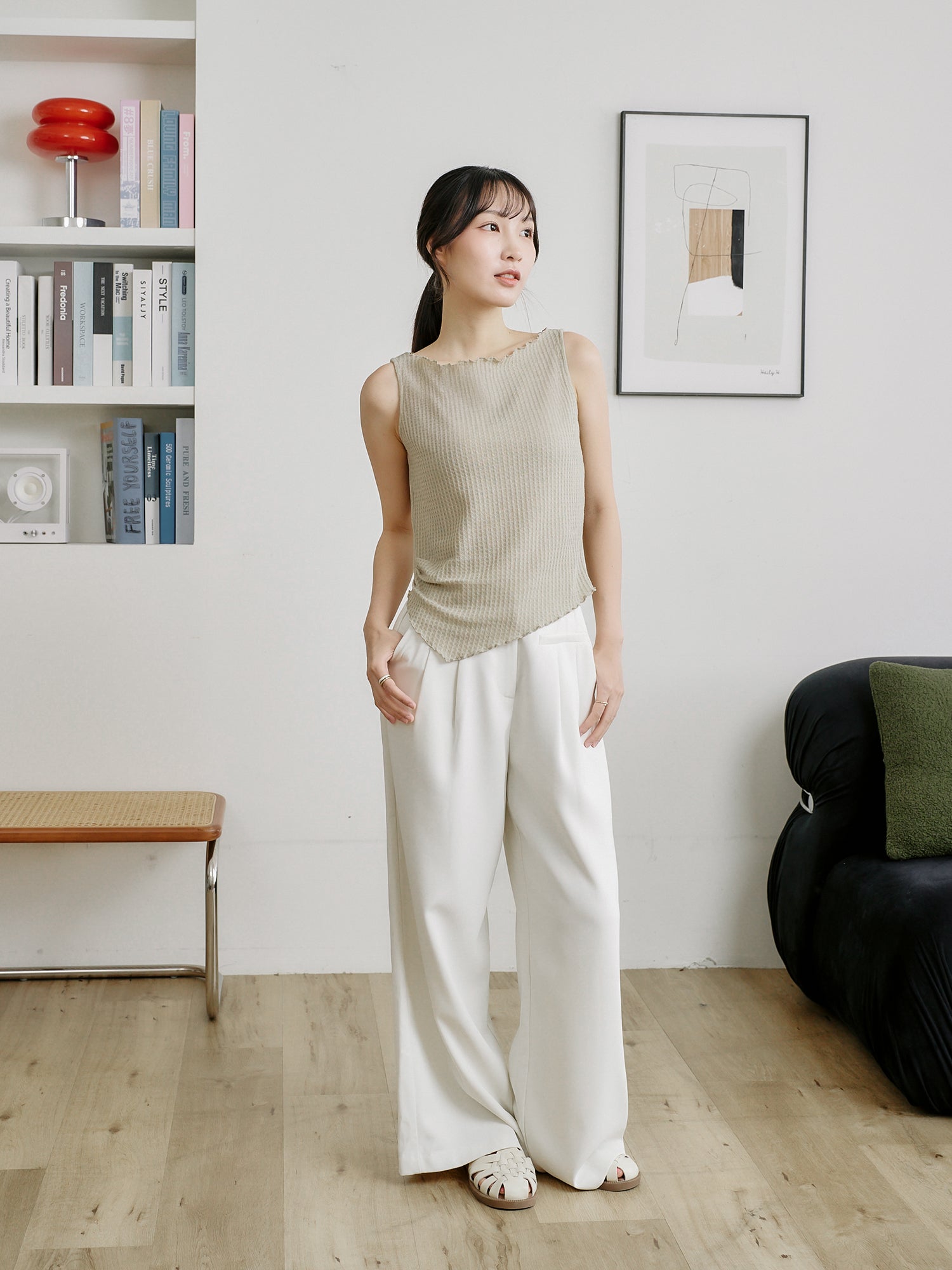 Asymmetric Waffle Sleeveless Top*