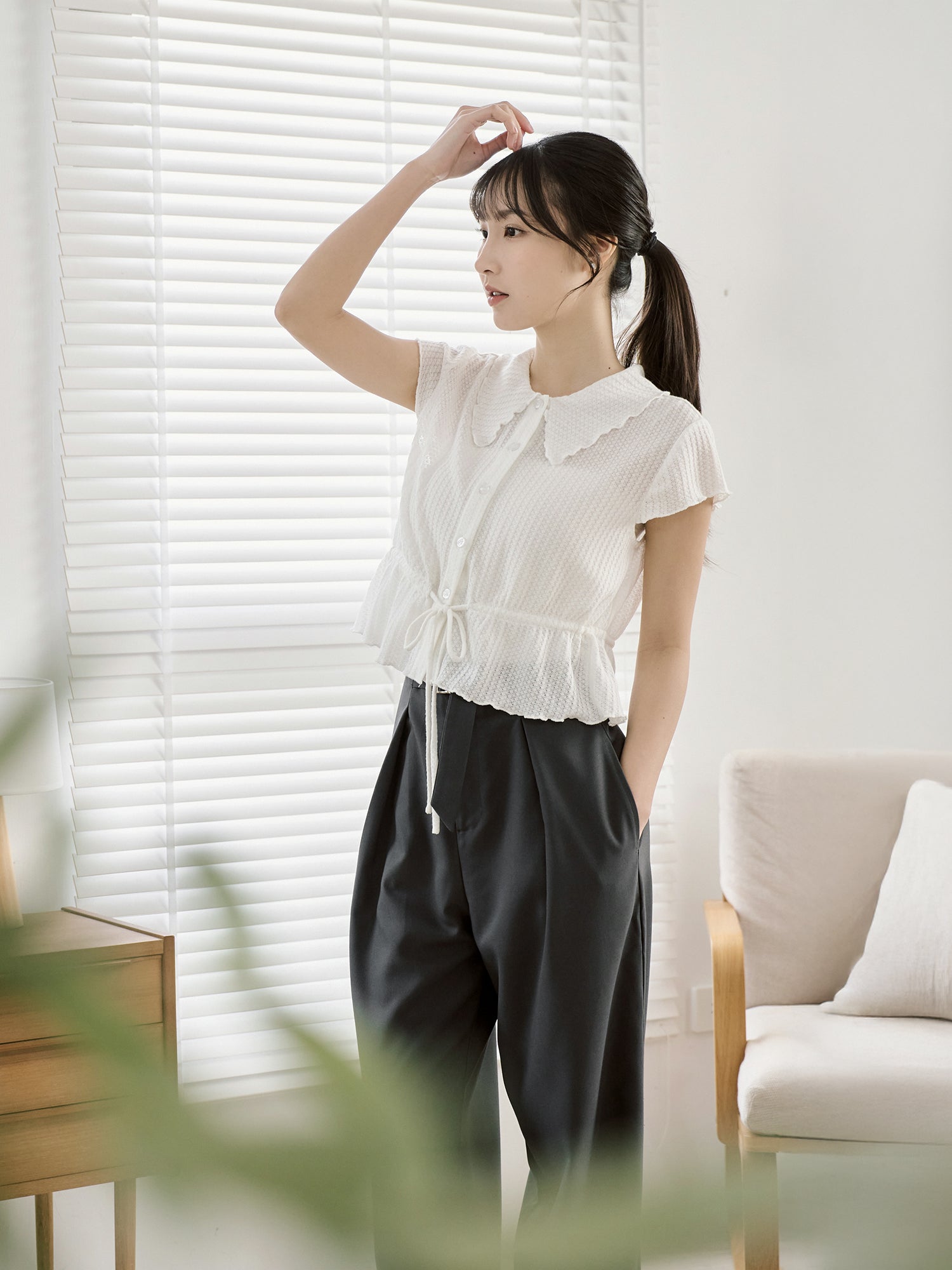 Tie Waist Waffle Top