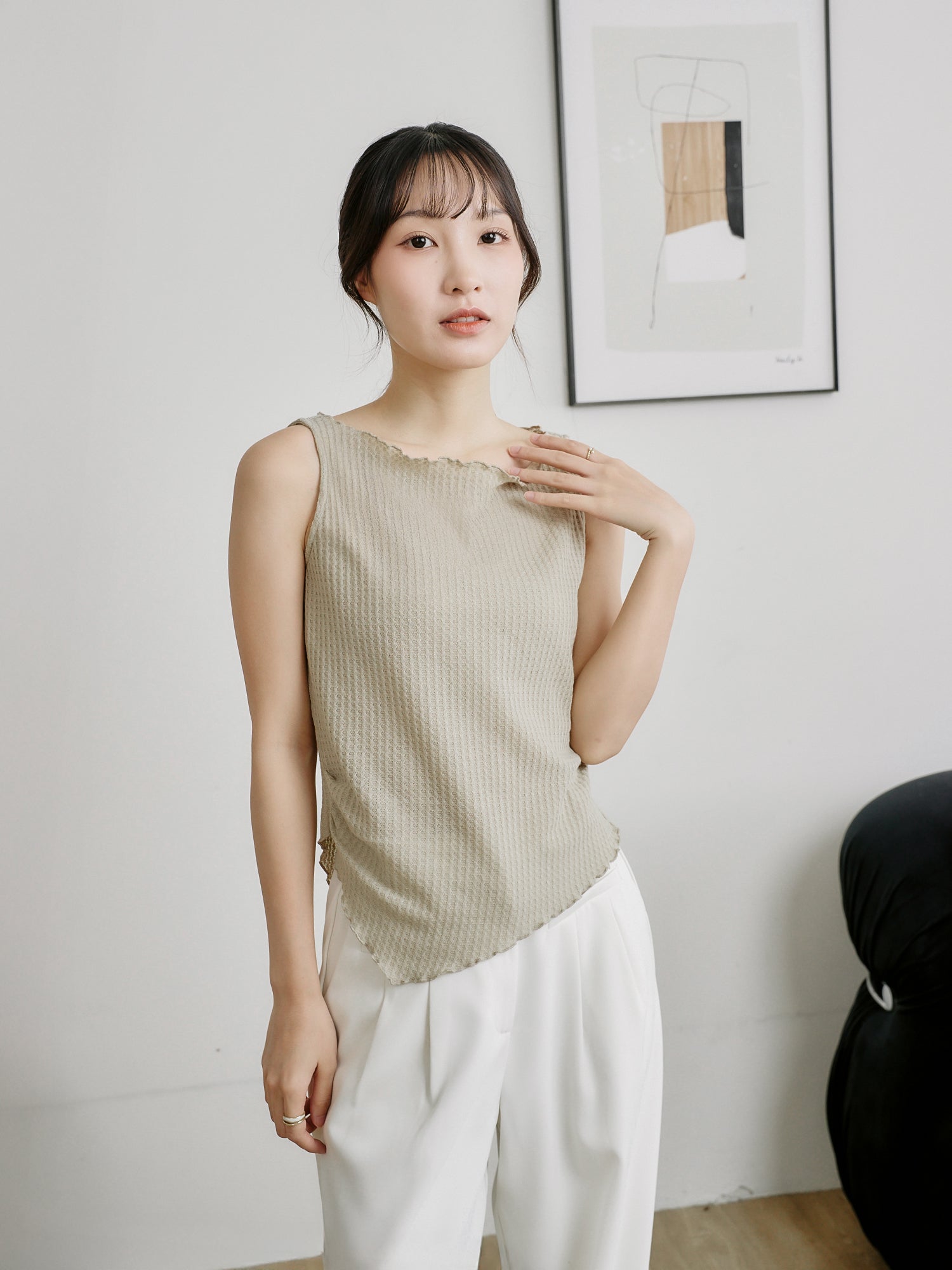 Asymmetric Waffle Sleeveless Top*