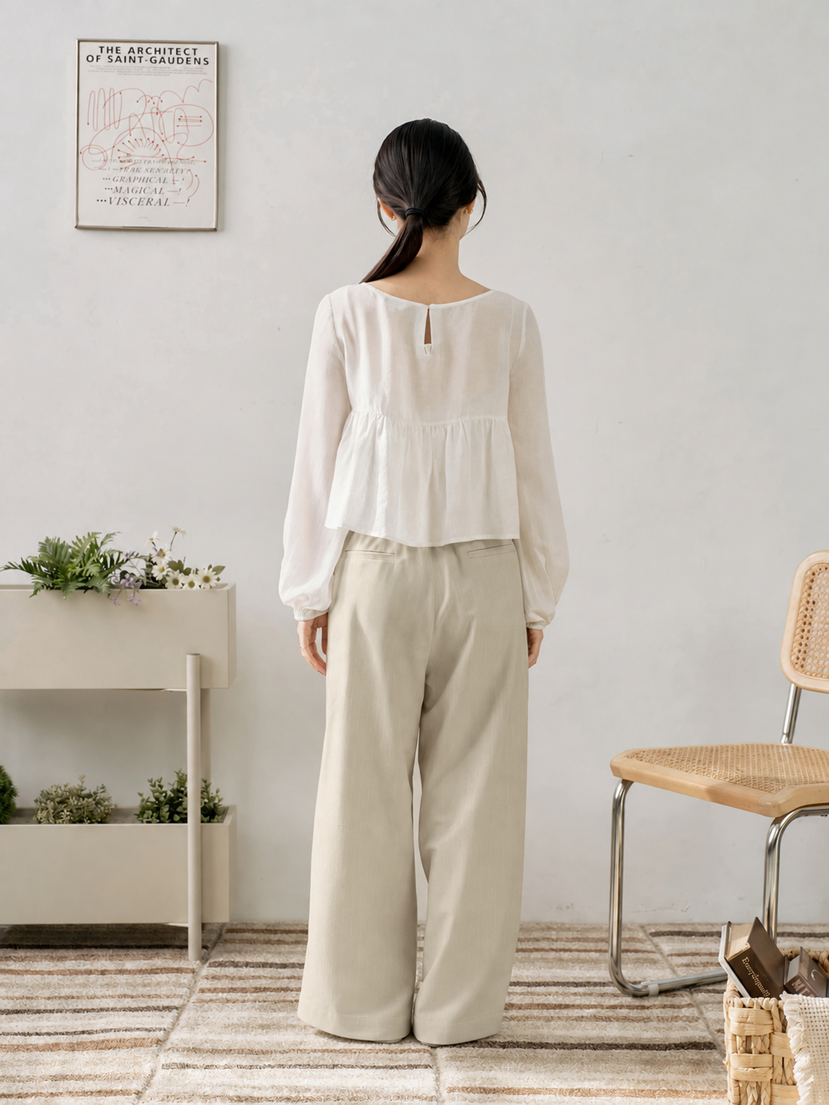 Dual Button Striped Wide-Leg Pants (With Elastic Waist)