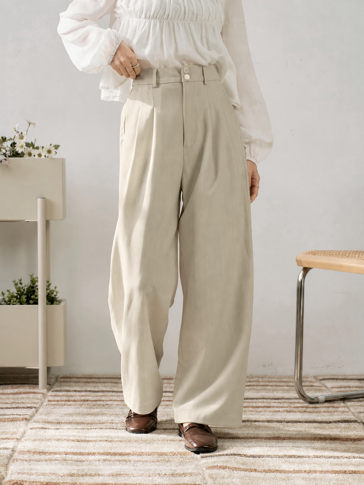 Dual Button Striped Wide-Leg Pants (With Elastic Waist)