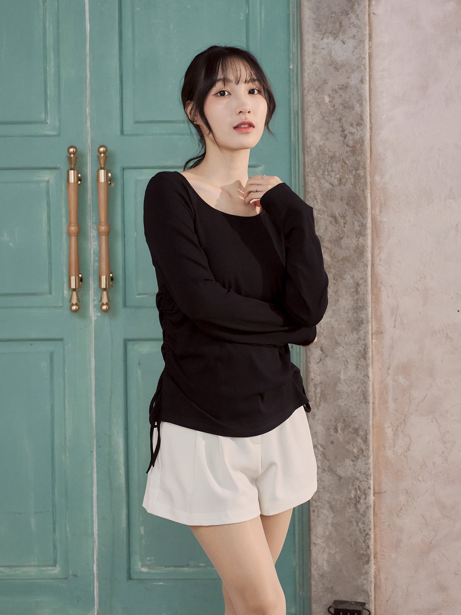 抽繩綁帶開衩上衣