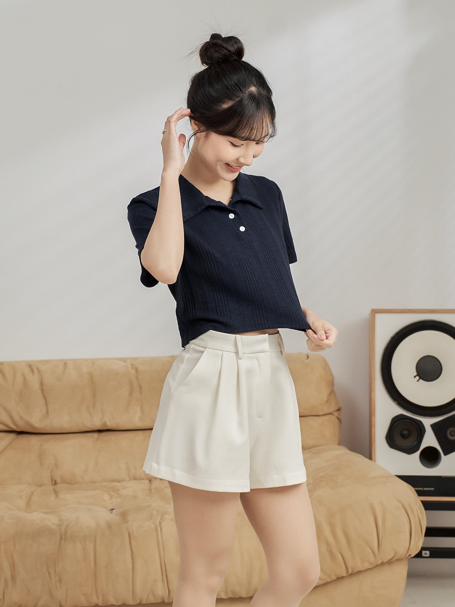 Knit-Blend Cropped Polo Top