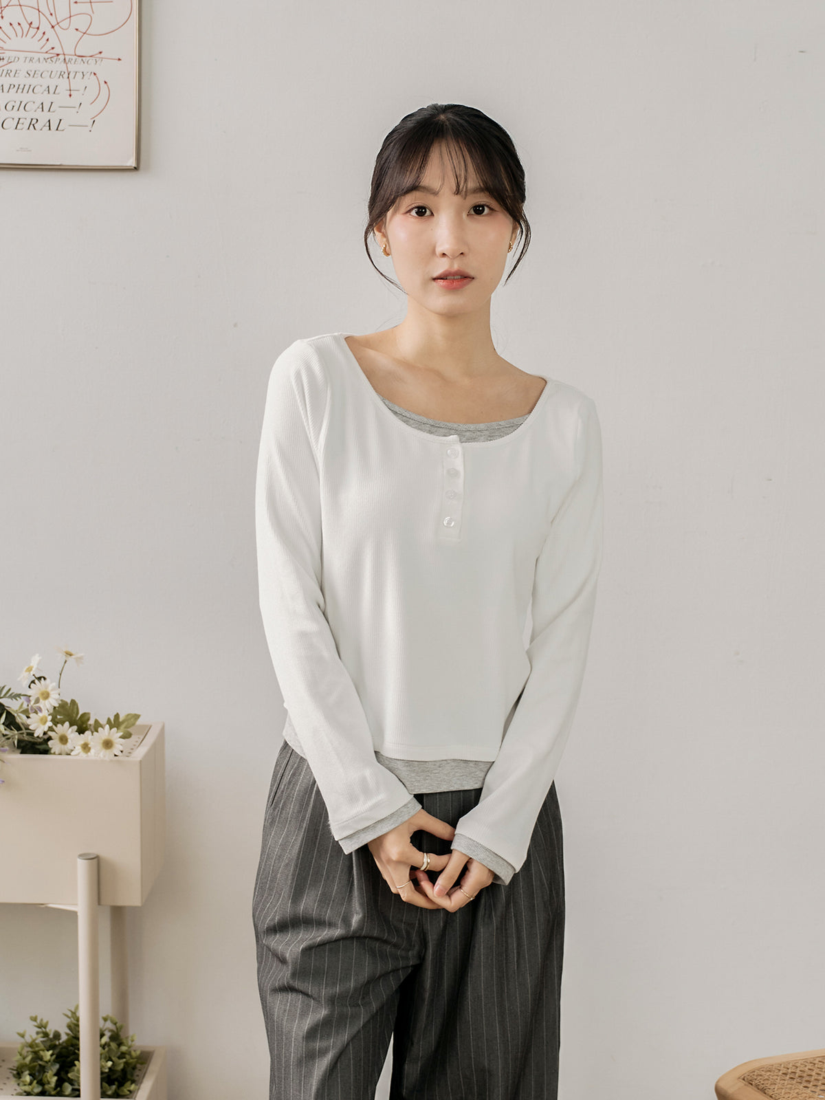 Soft Contrast Layered Henley Top