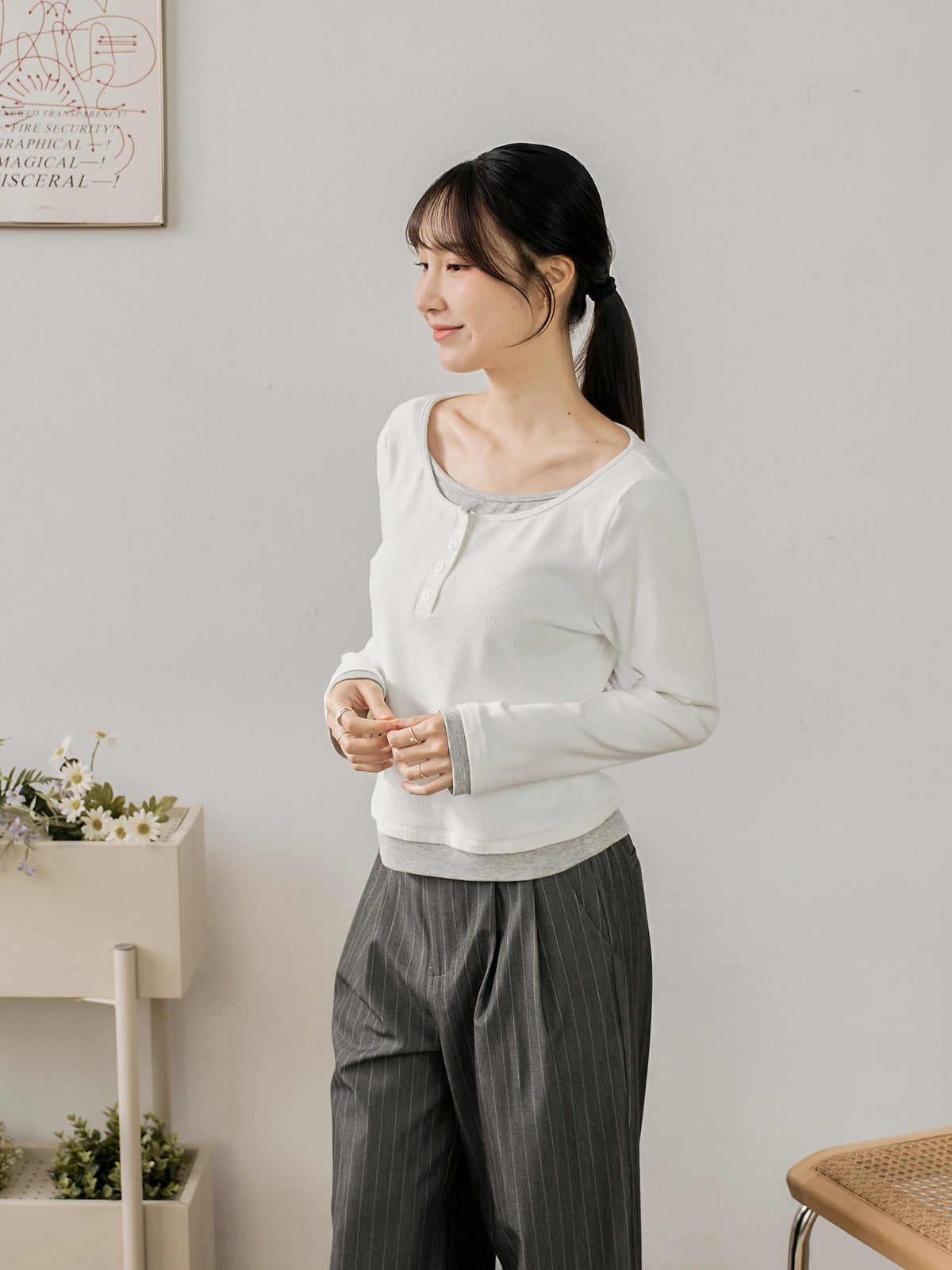 Soft Contrast Layered Henley Top