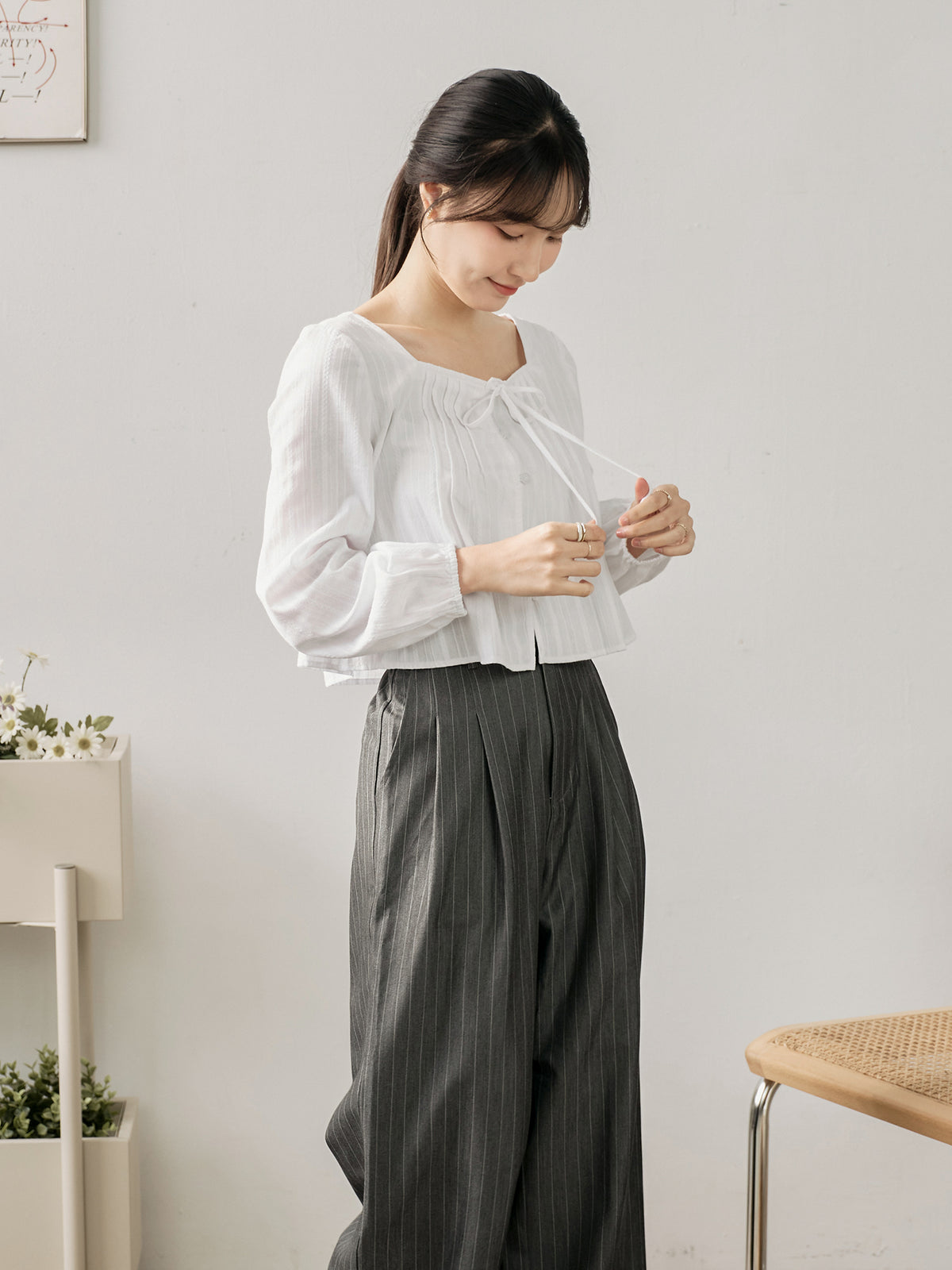 Dual Button Striped Wide-Leg Pants (With Elastic Waist)