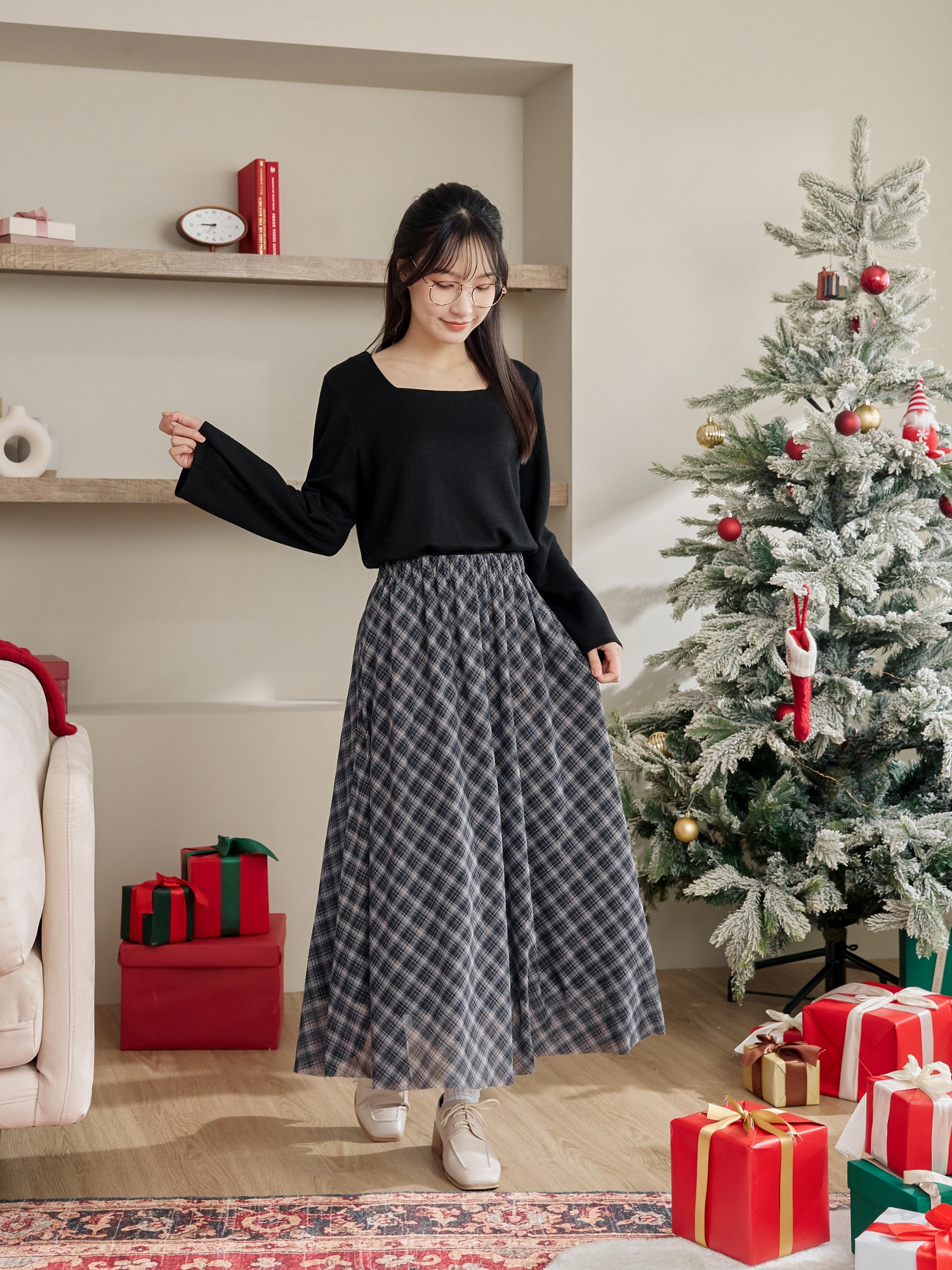 Plaid Mesh Midi Skirt