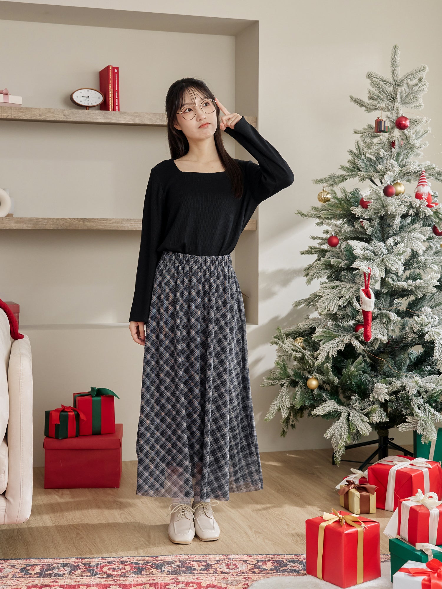 Plaid Mesh Midi Skirt