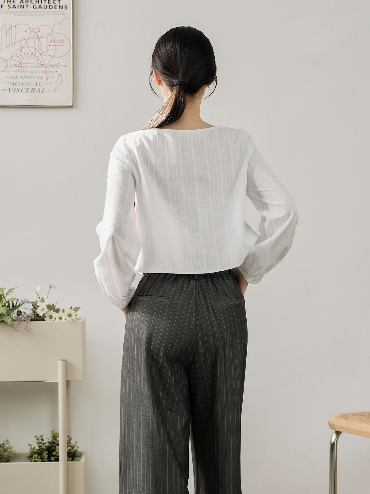 Dual Button Striped Wide-Leg Pants (With Elastic Waist)