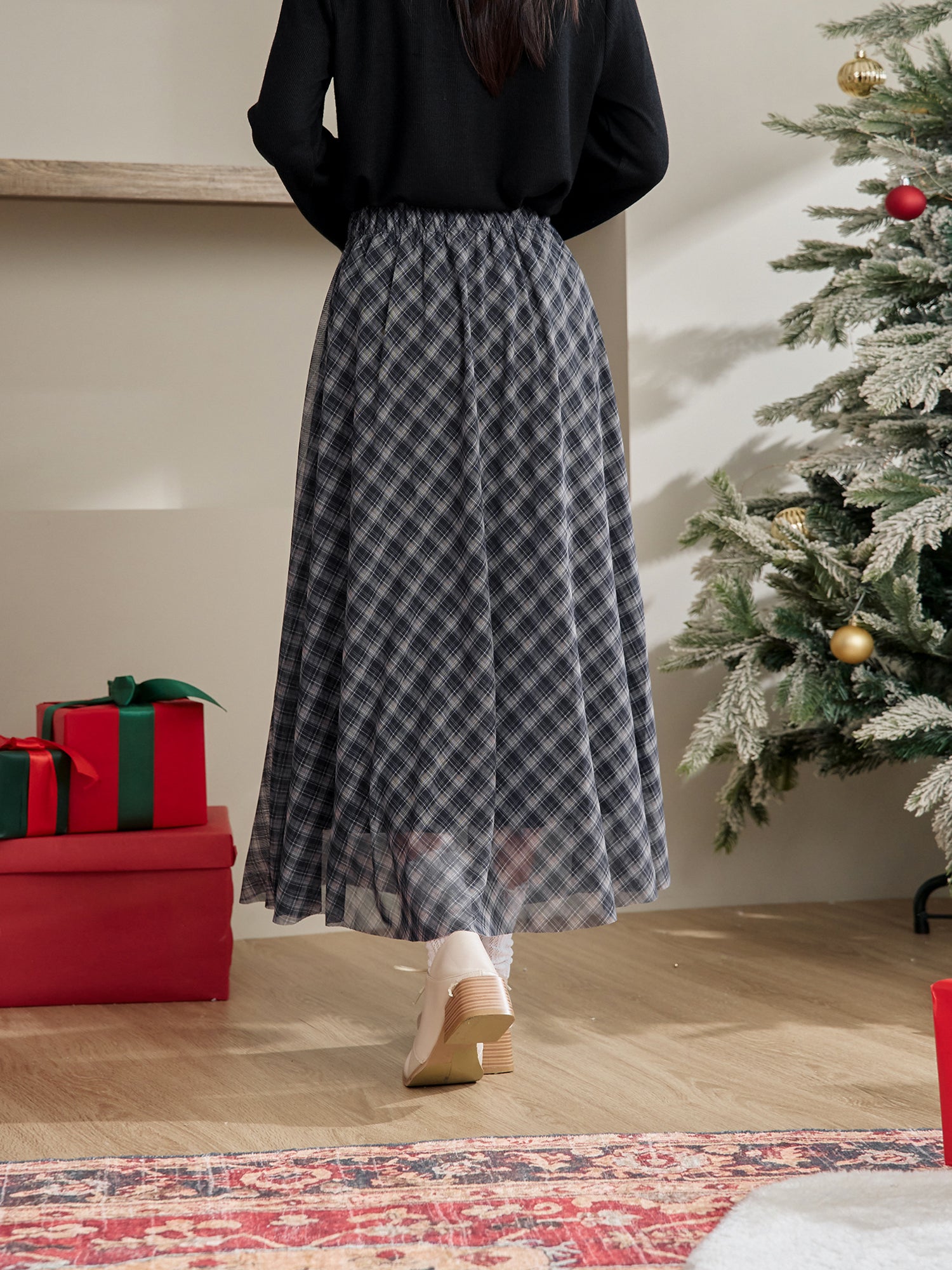 Plaid Mesh Midi Skirt