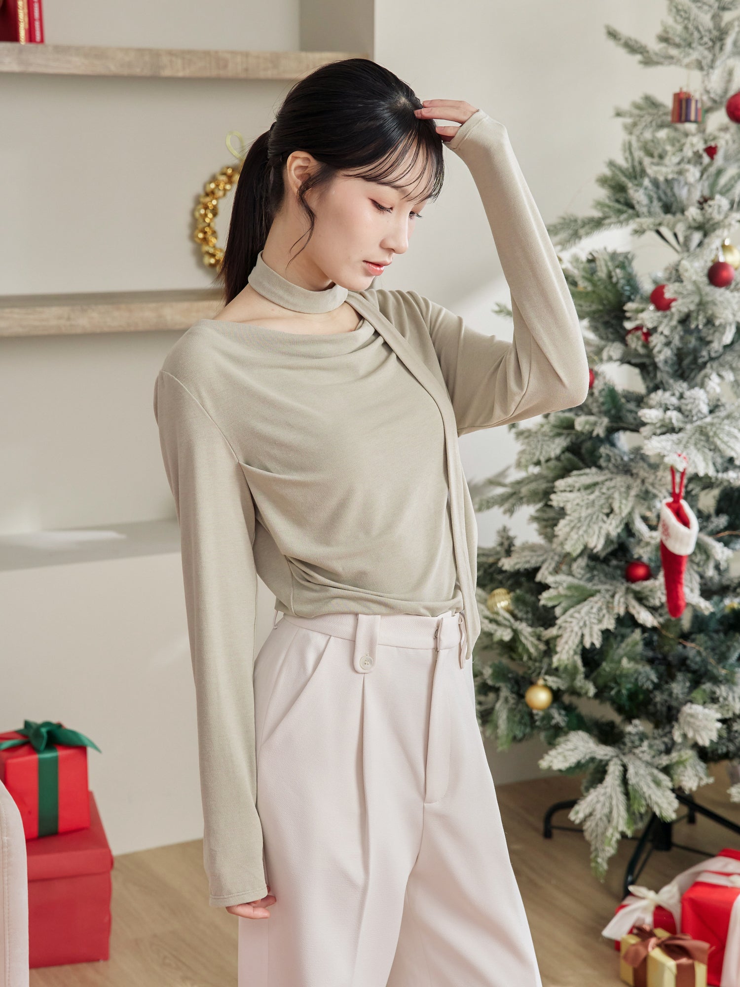 Cowl Neck Top With Scarf