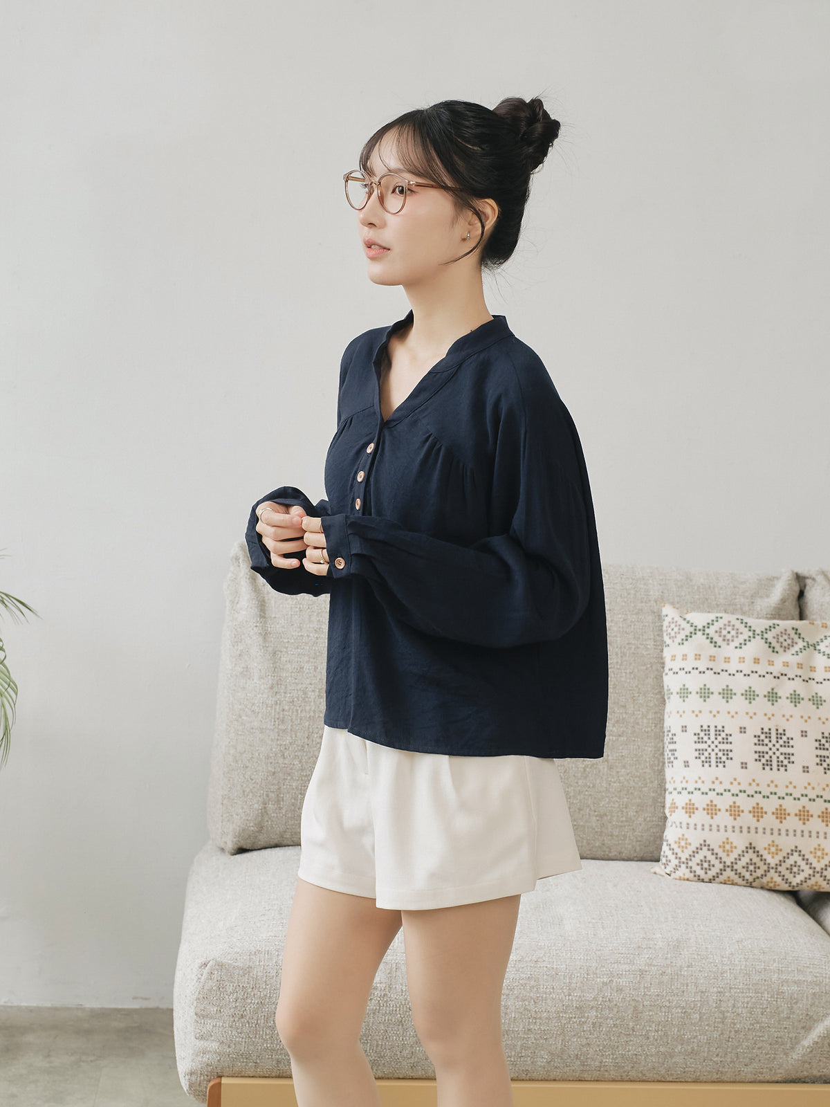Linen Blend Buttoned Blouse