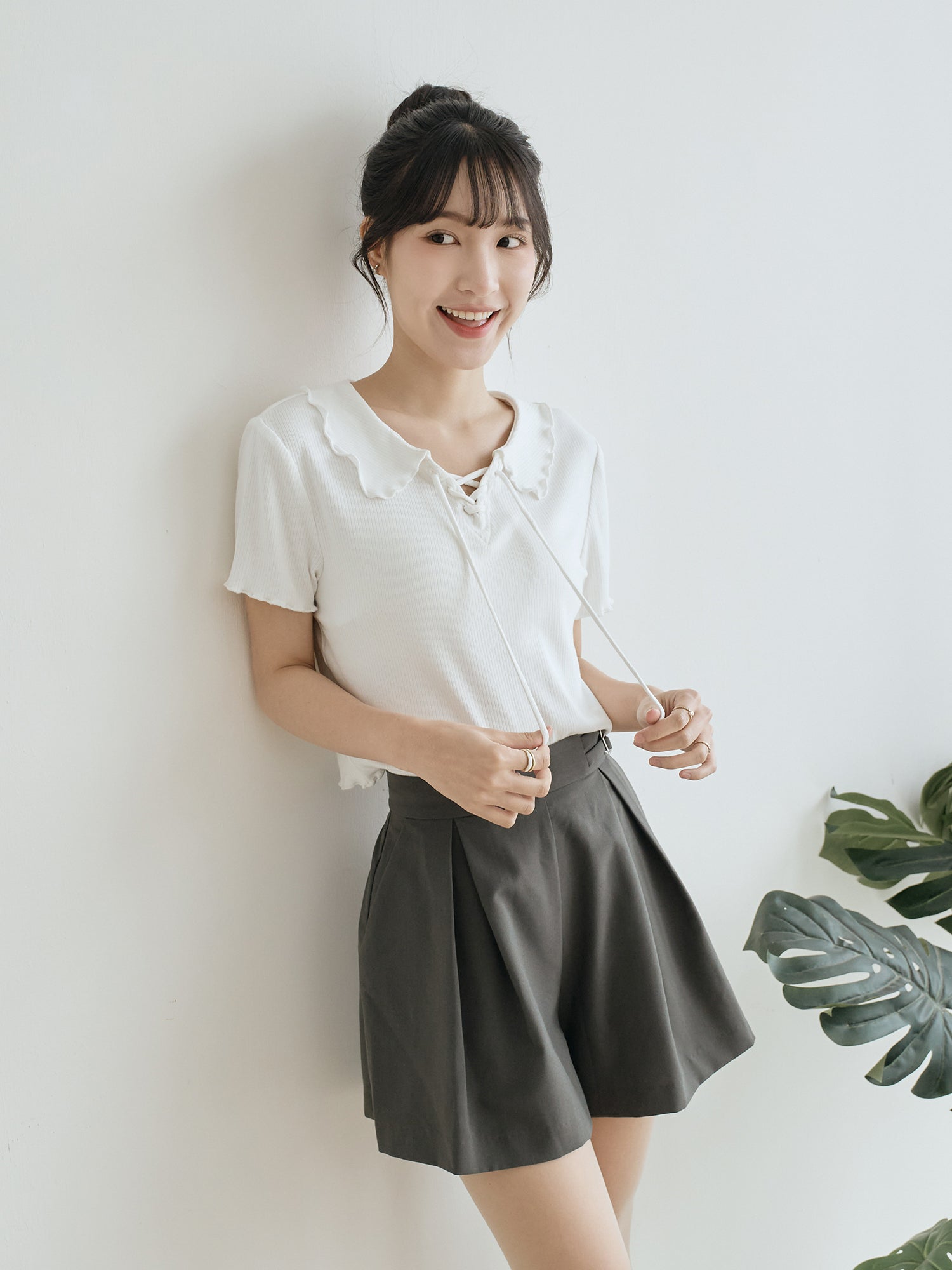 Open Collar Lace Up Top