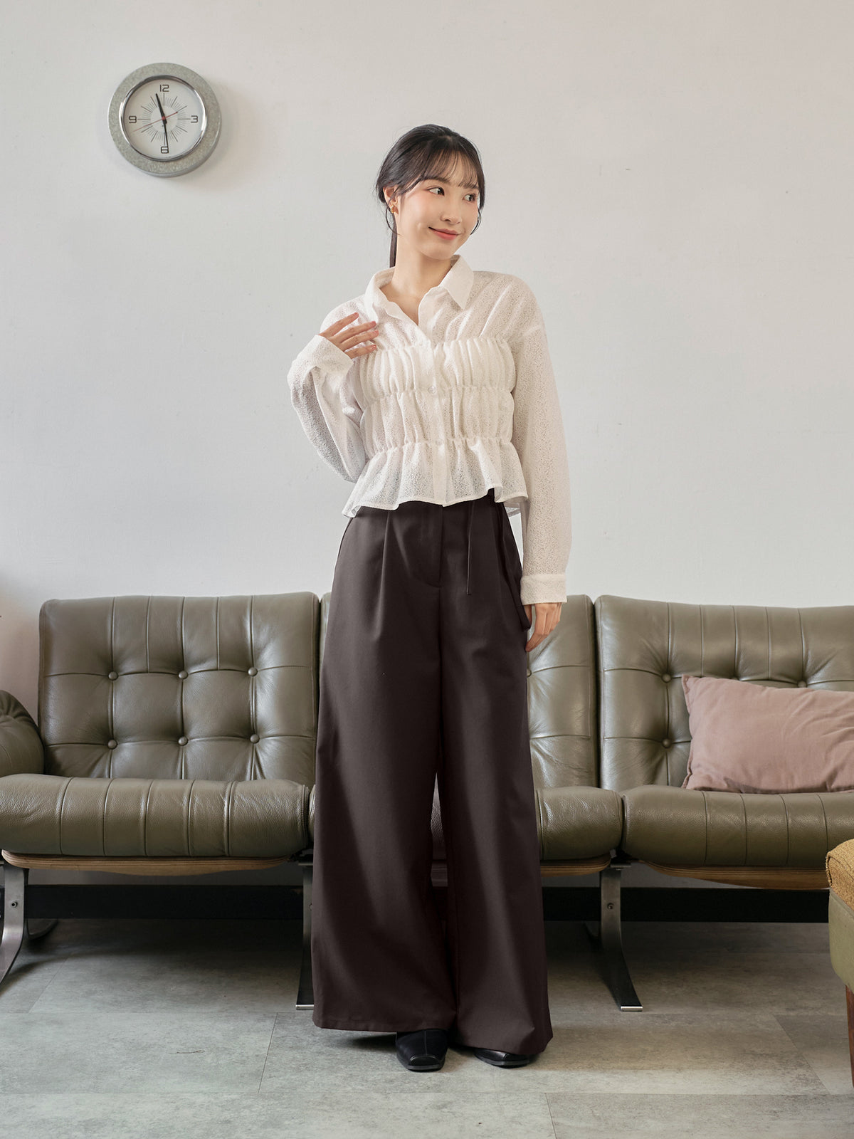 Wavy Hem Shirred Shirt
