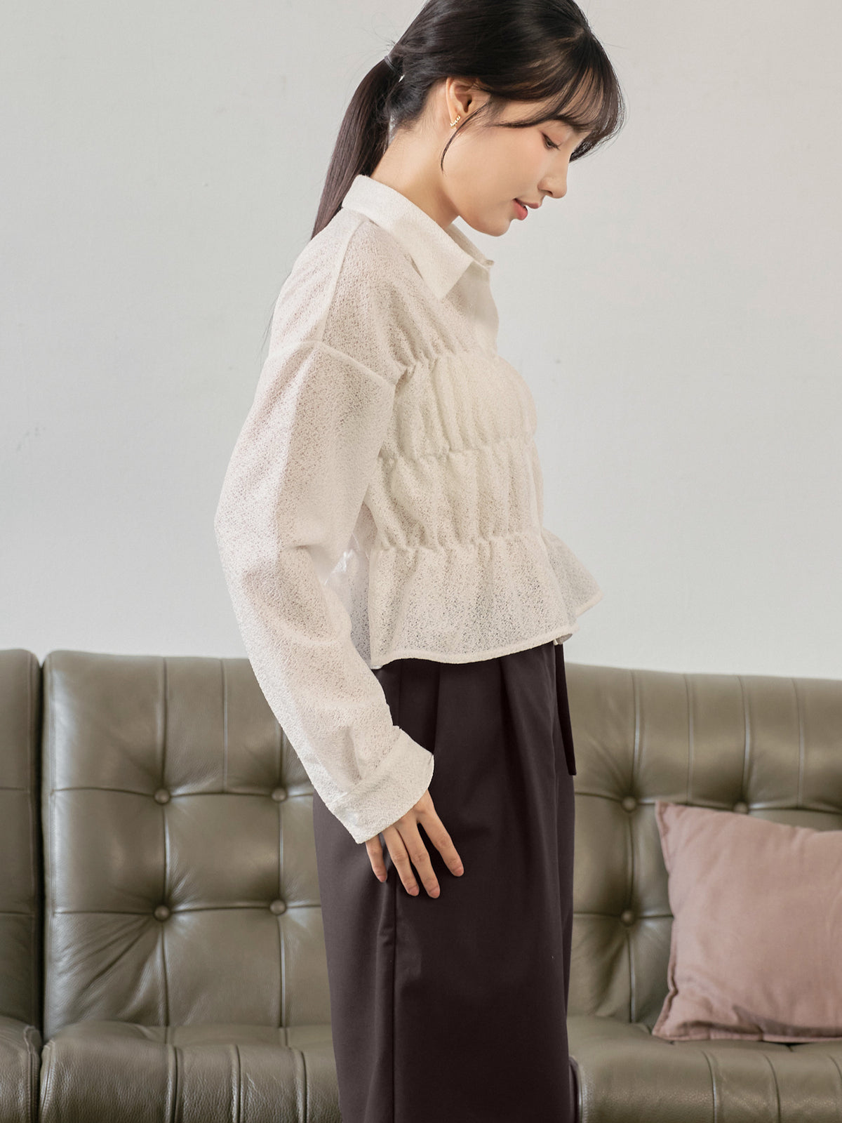 Wavy Hem Shirred Shirt
