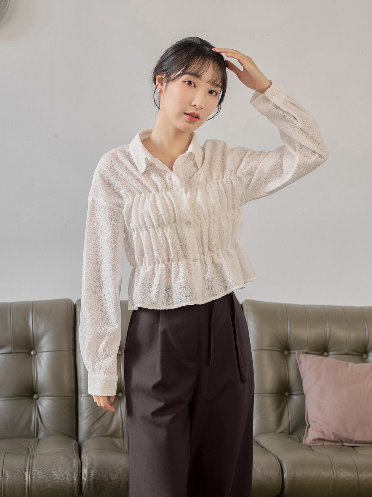 Wavy Hem Shirred Shirt