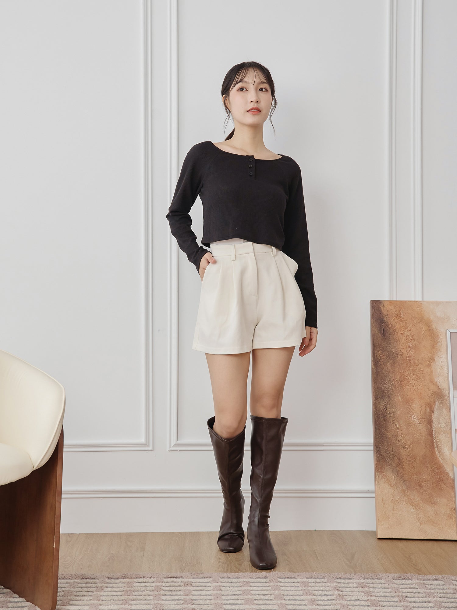 Waffle Raglan Sleeve Buttoned Top