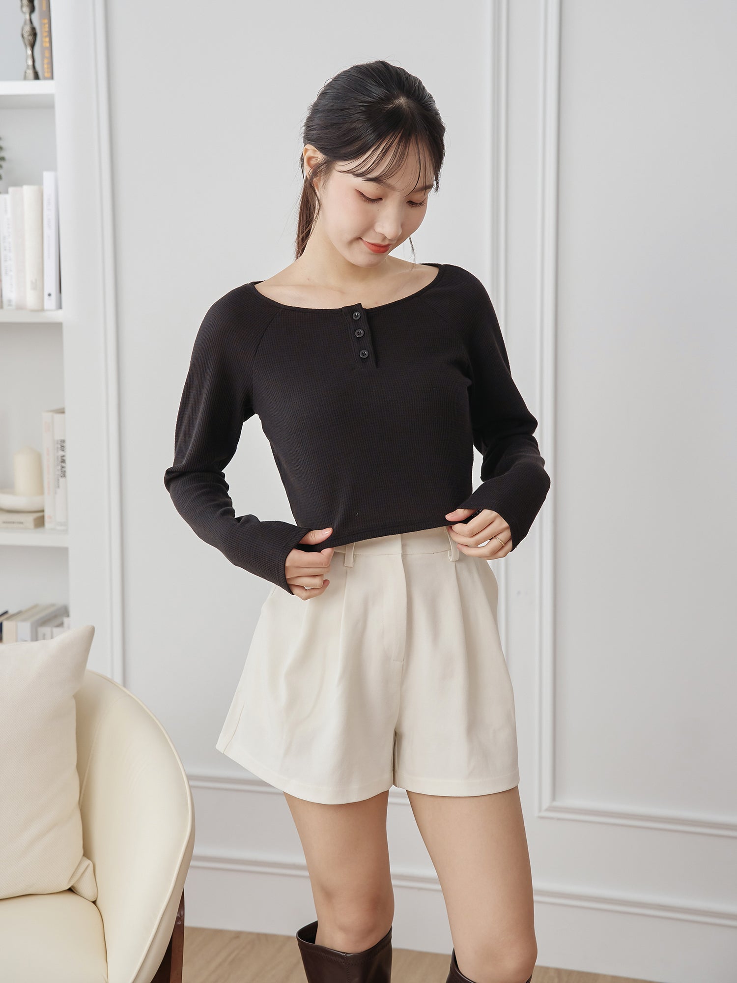 Waffle Raglan Sleeve Buttoned Top