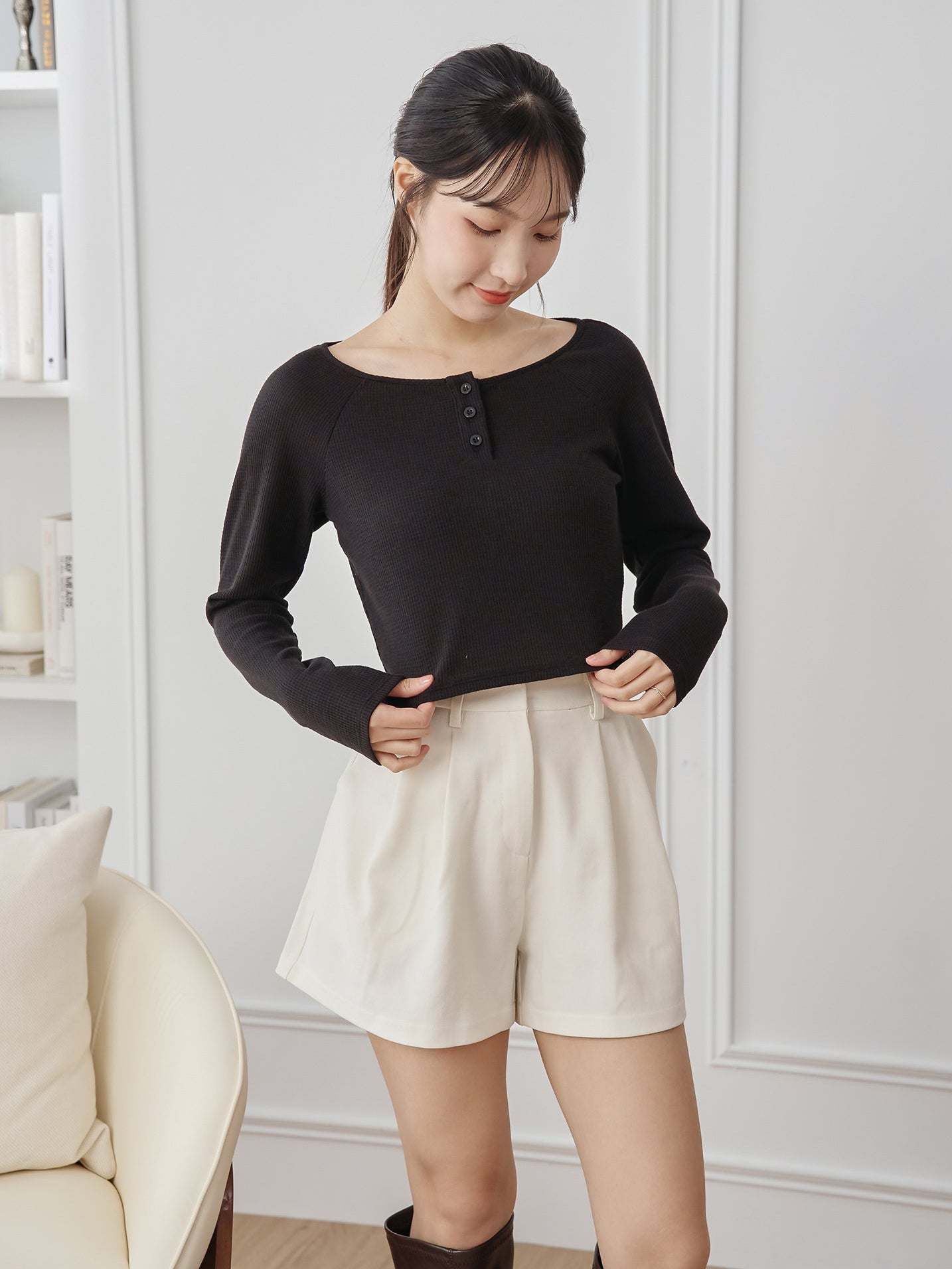 牛角袖華夫格上衣