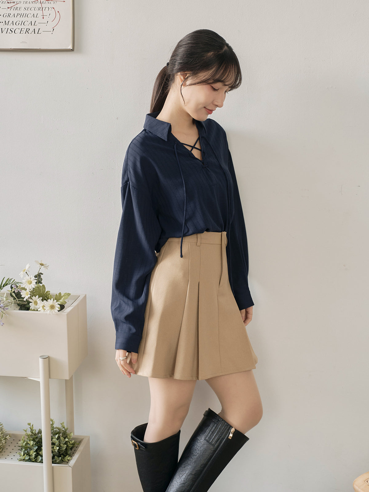 休閒綁帶翻領襯衫