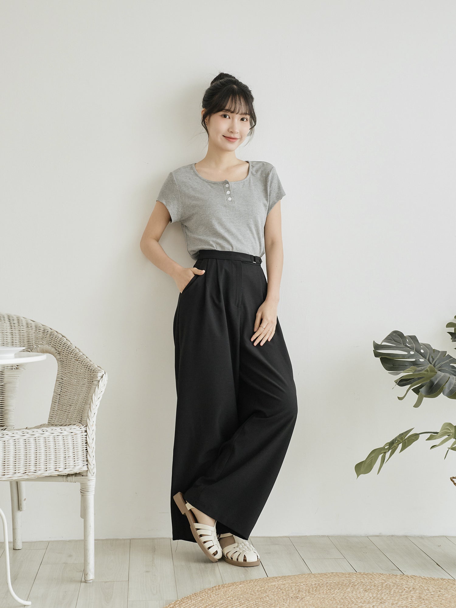 Henley Neck Ribbed Top