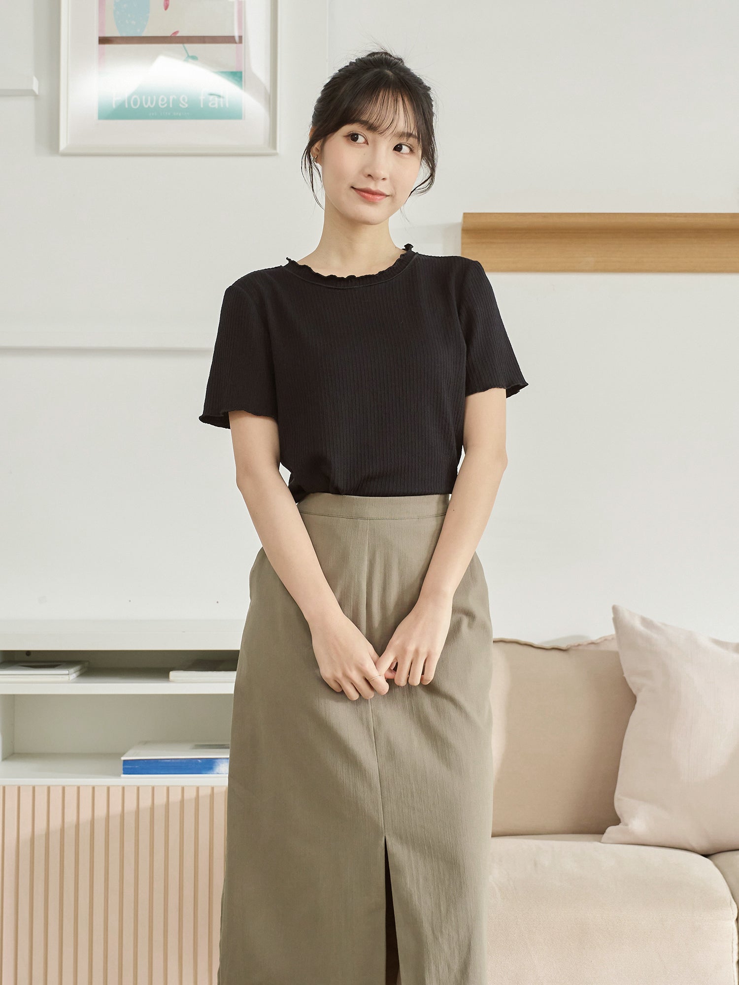 高腰前開衩半身裙