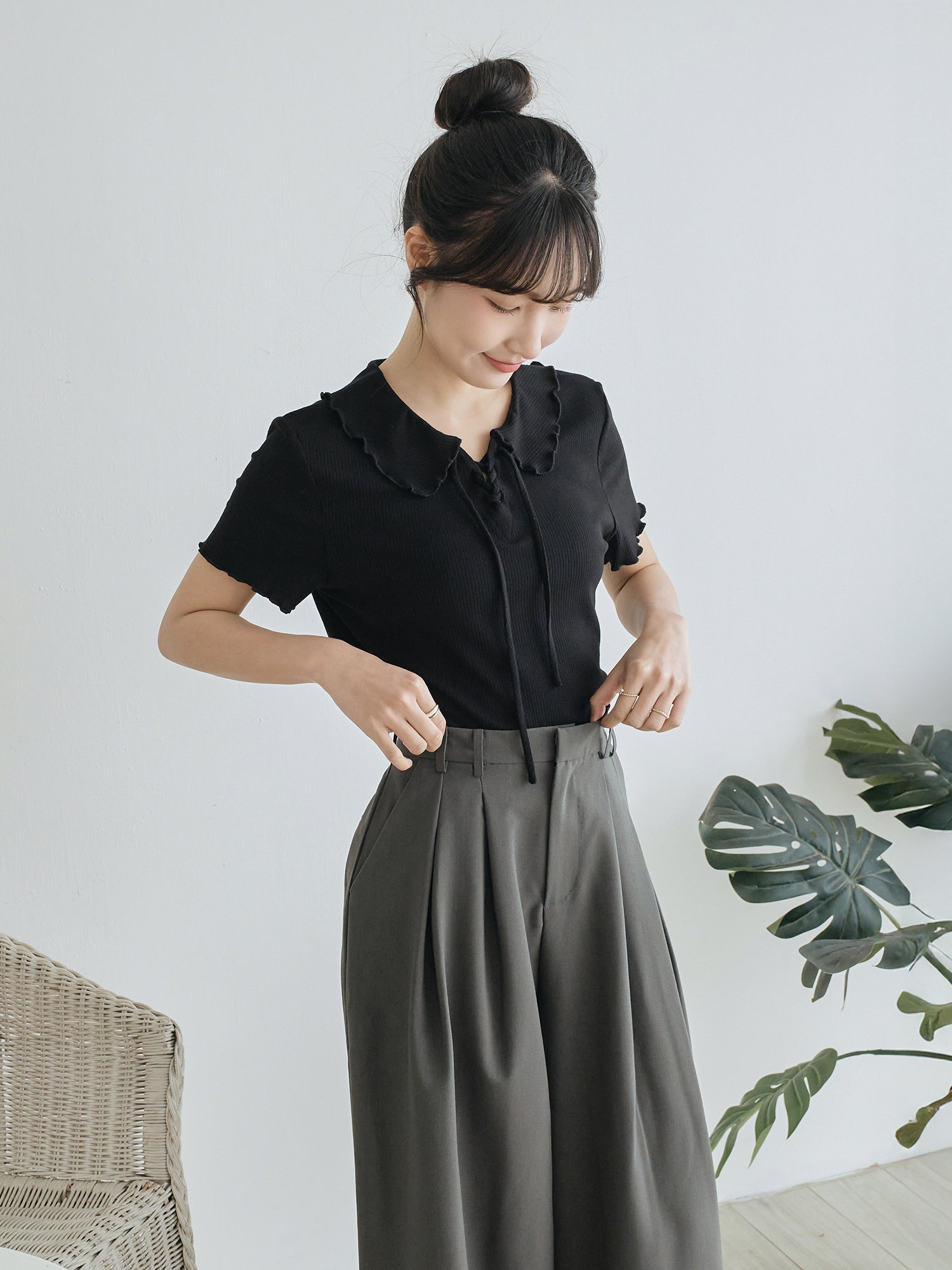 Open Collar Lace Up Top