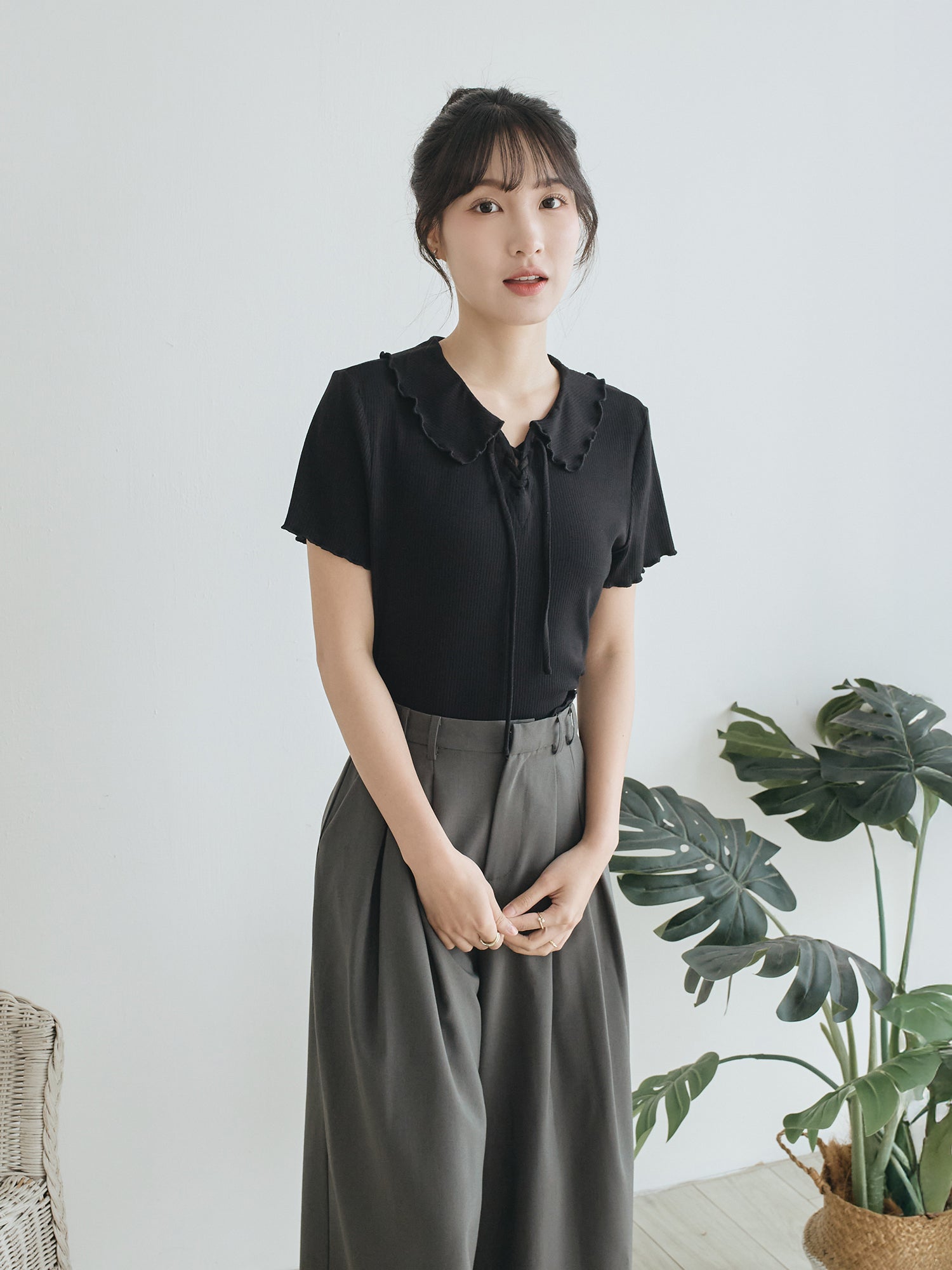 Open Collar Lace Up Top