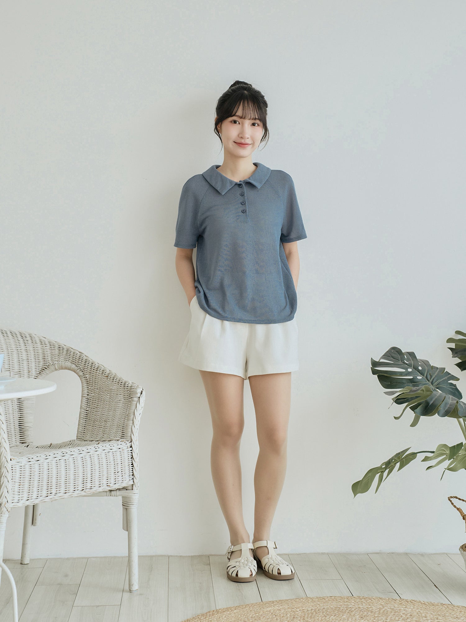 Polo Buttoned Semi-Sheer Top