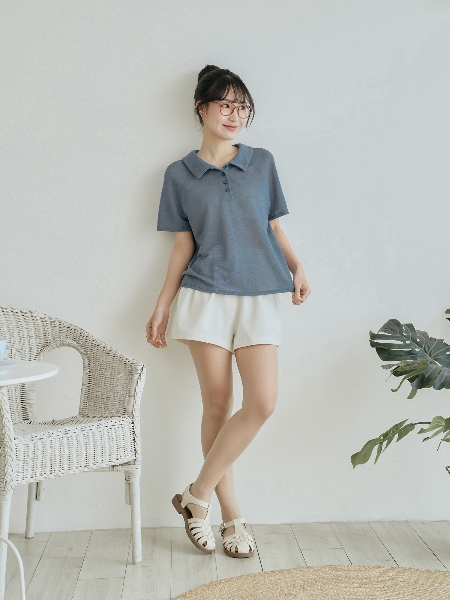 Polo Buttoned Semi-Sheer Top