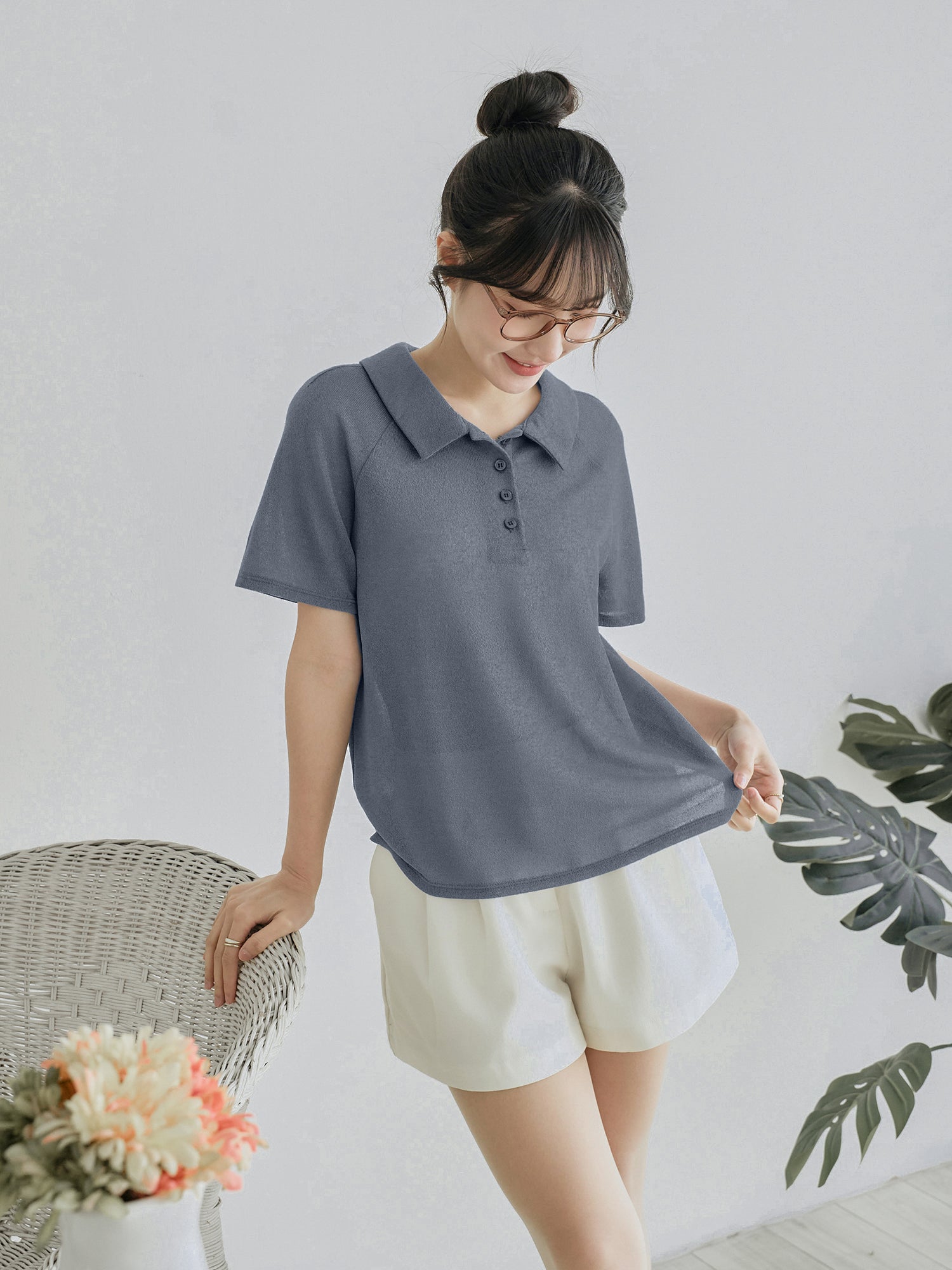 Polo Buttoned Semi-Sheer Top