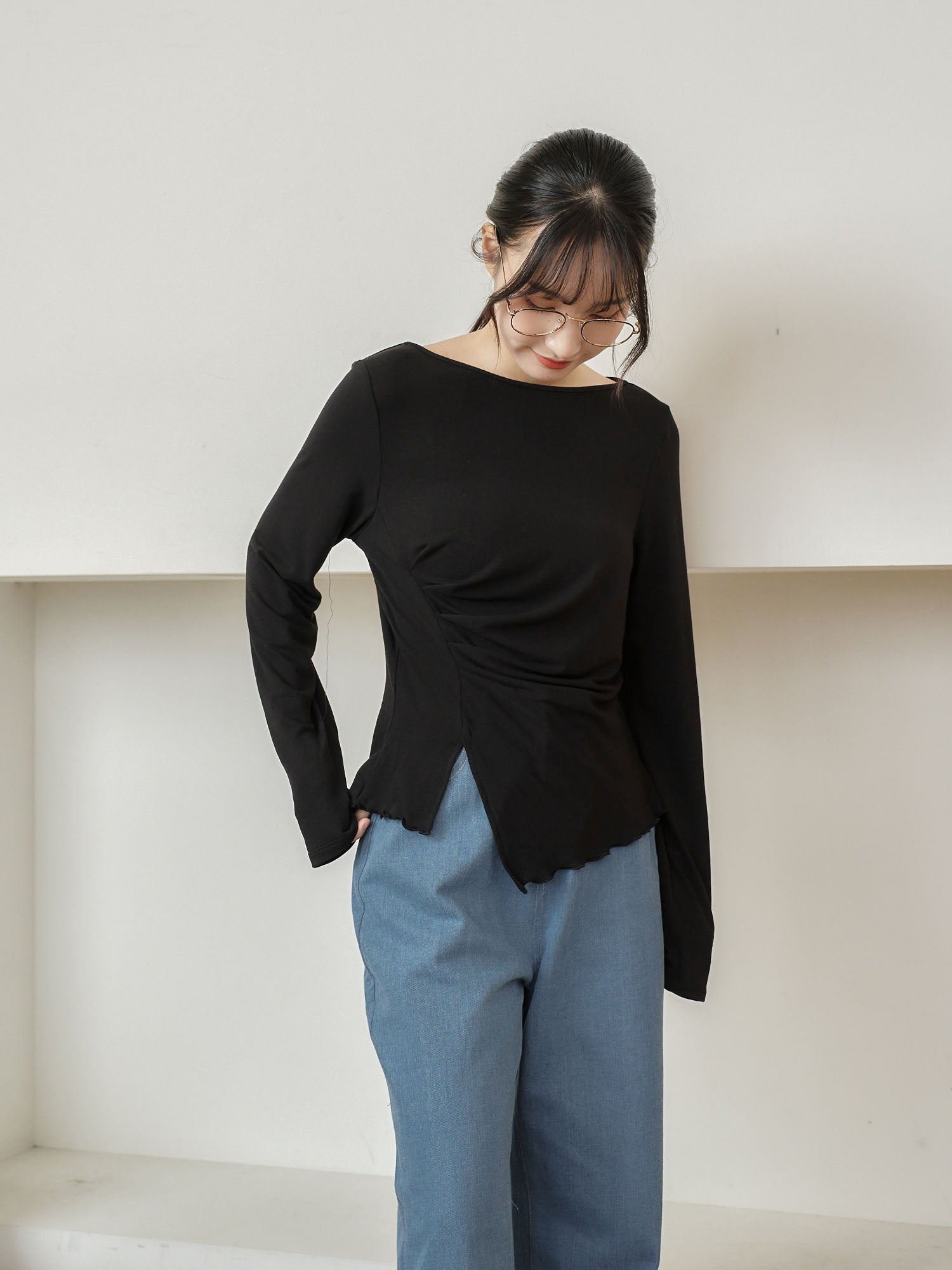 Feminine Asymmetric Pleated Drape Top