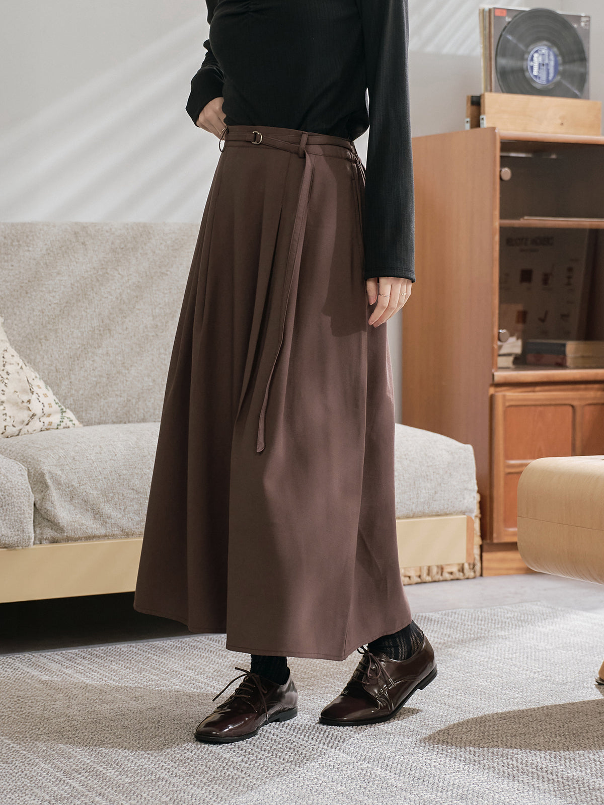 Pleated Midi Skirt With Belt