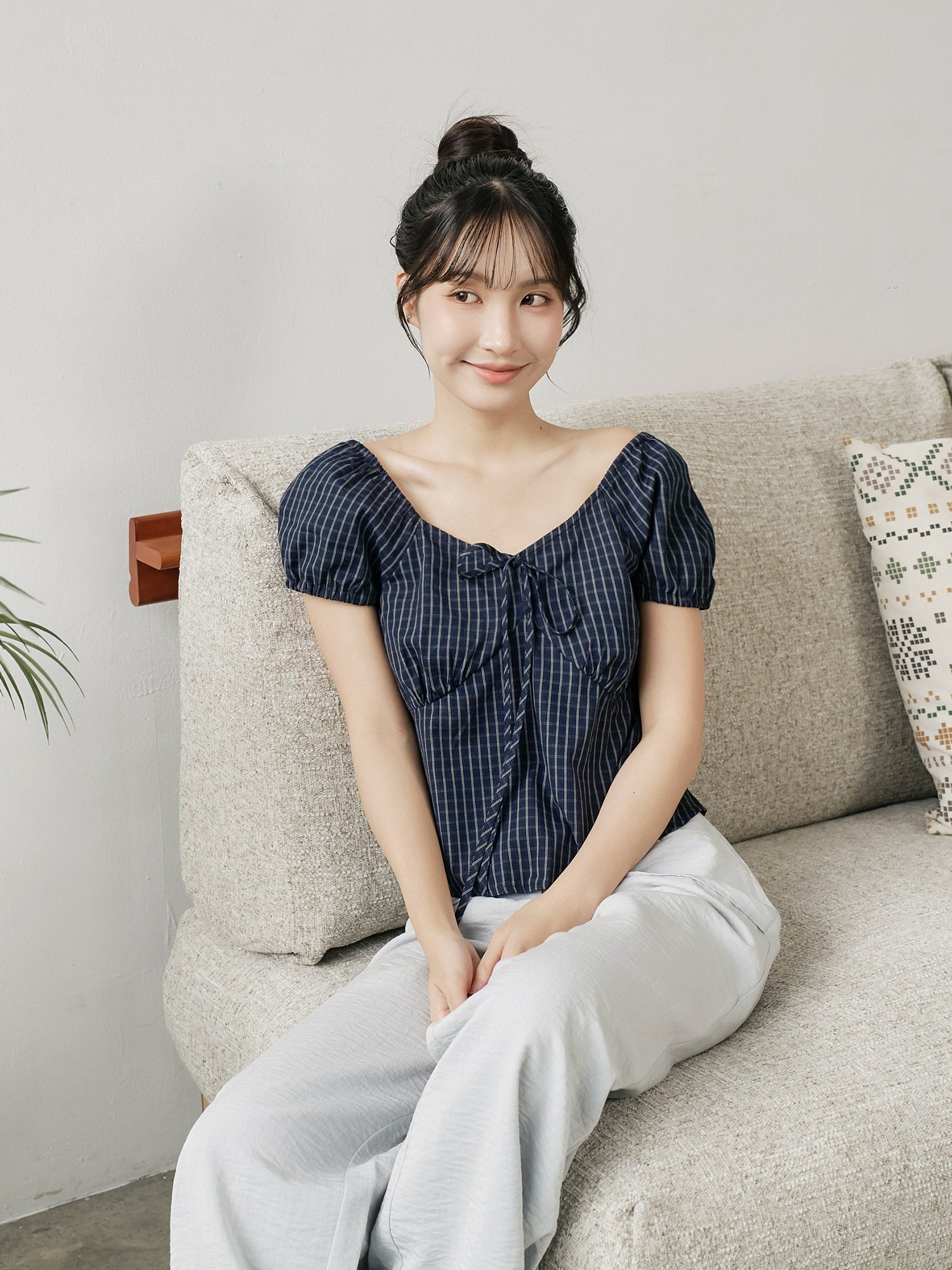 Plaid Puff Sleeve Top