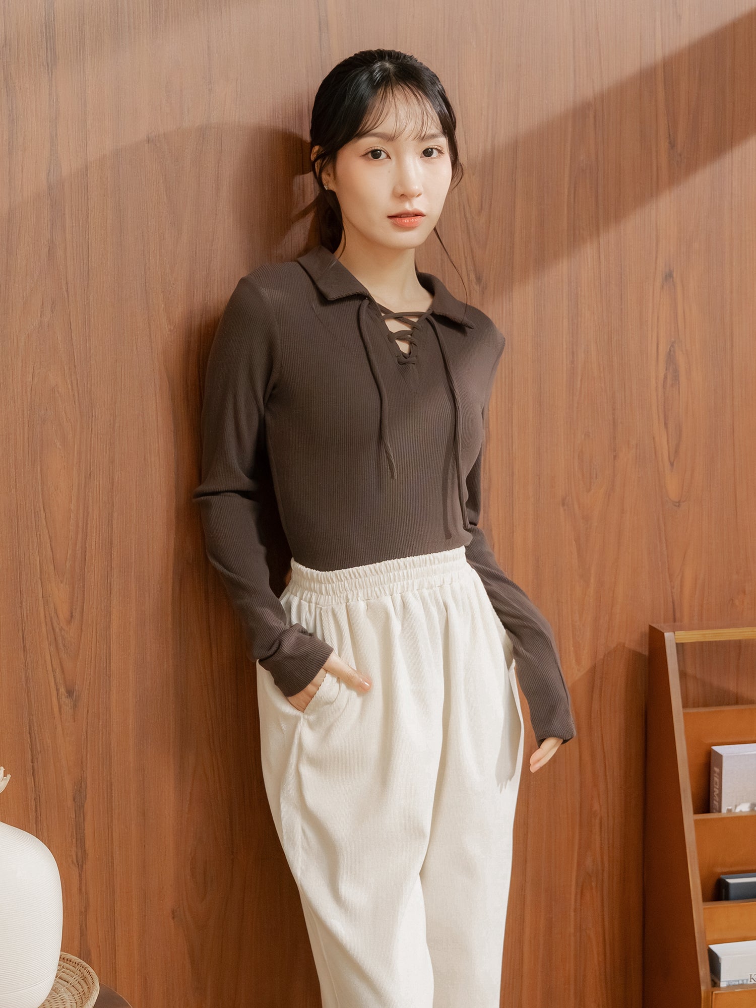 Lace Up Collared Top