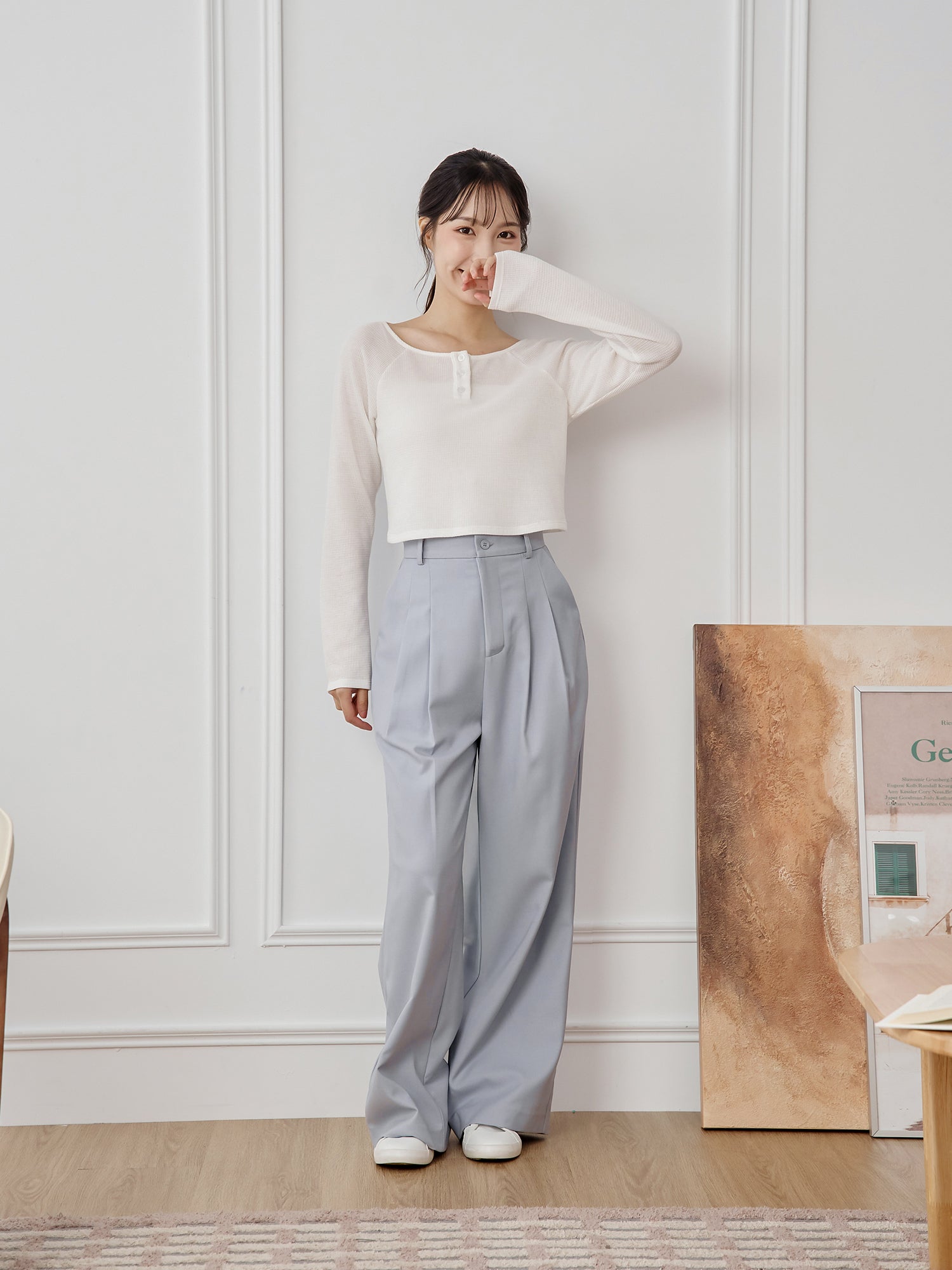 Waffle Raglan Sleeve Buttoned Top