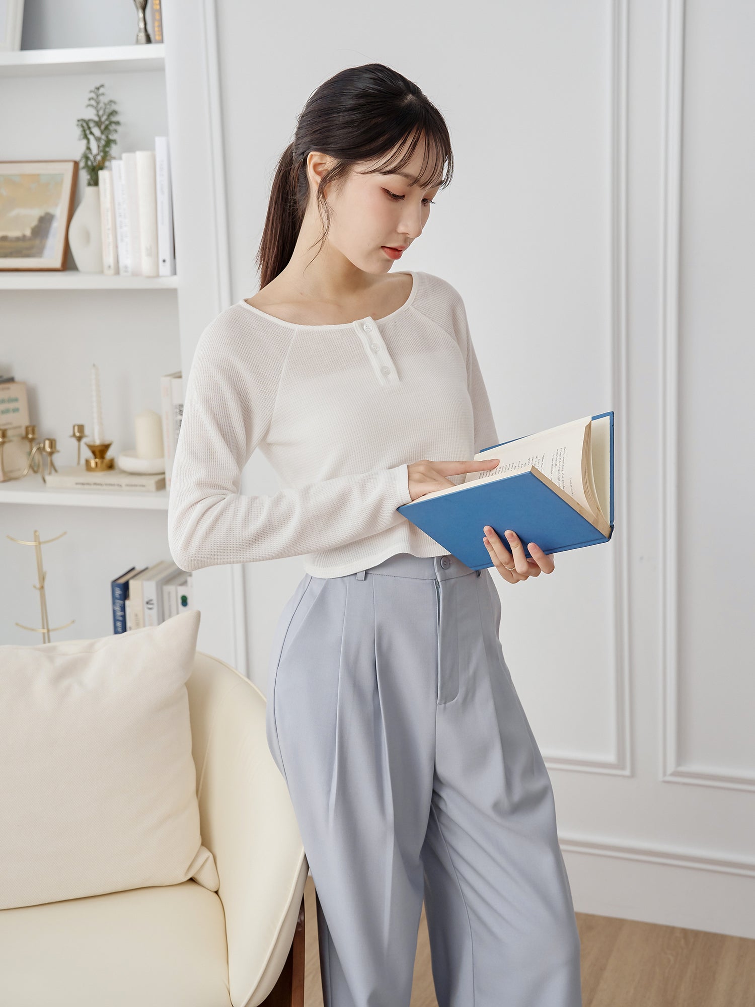 Waffle Raglan Sleeve Buttoned Top