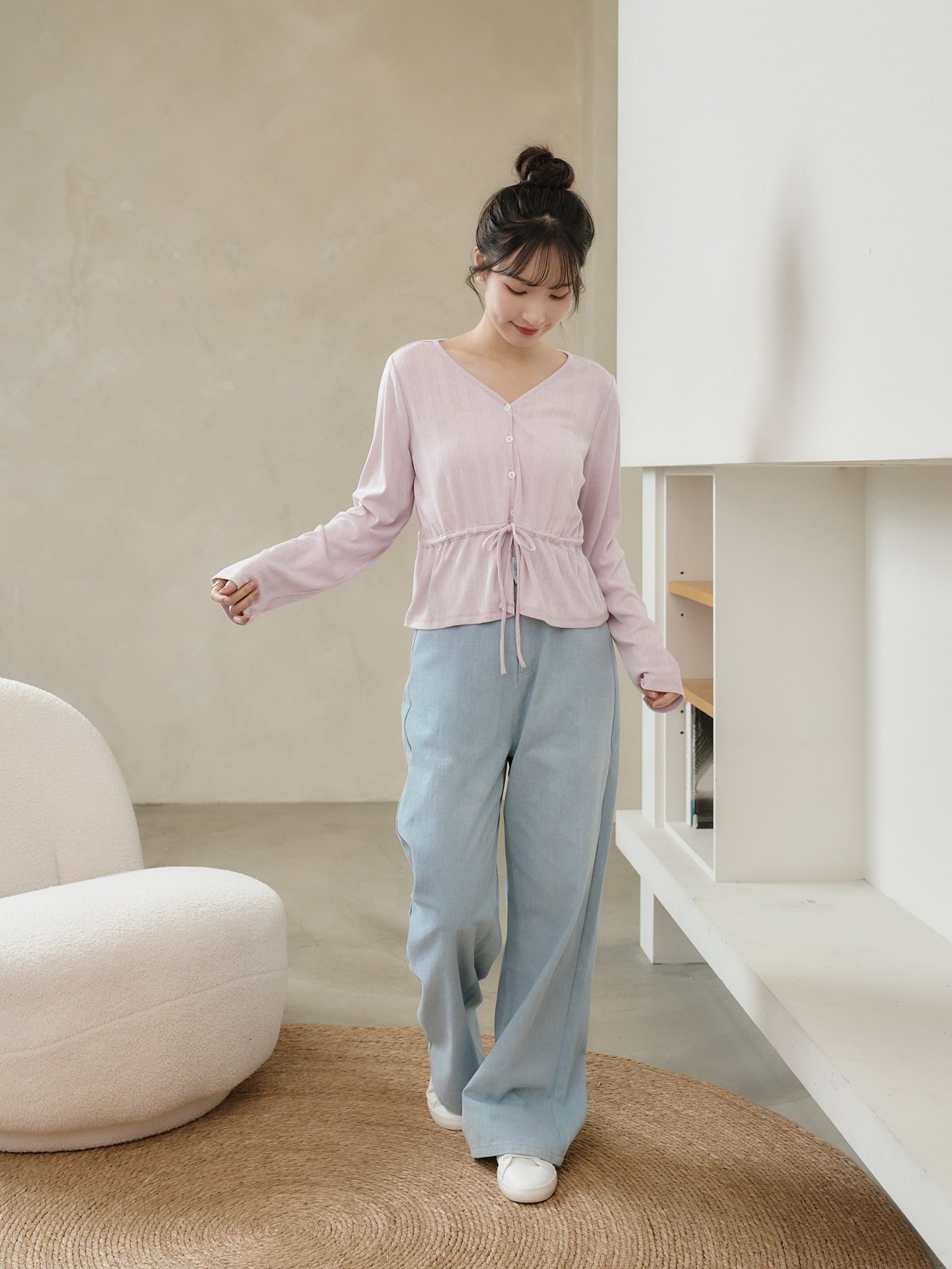 Pointelle Tie Waist Knit top