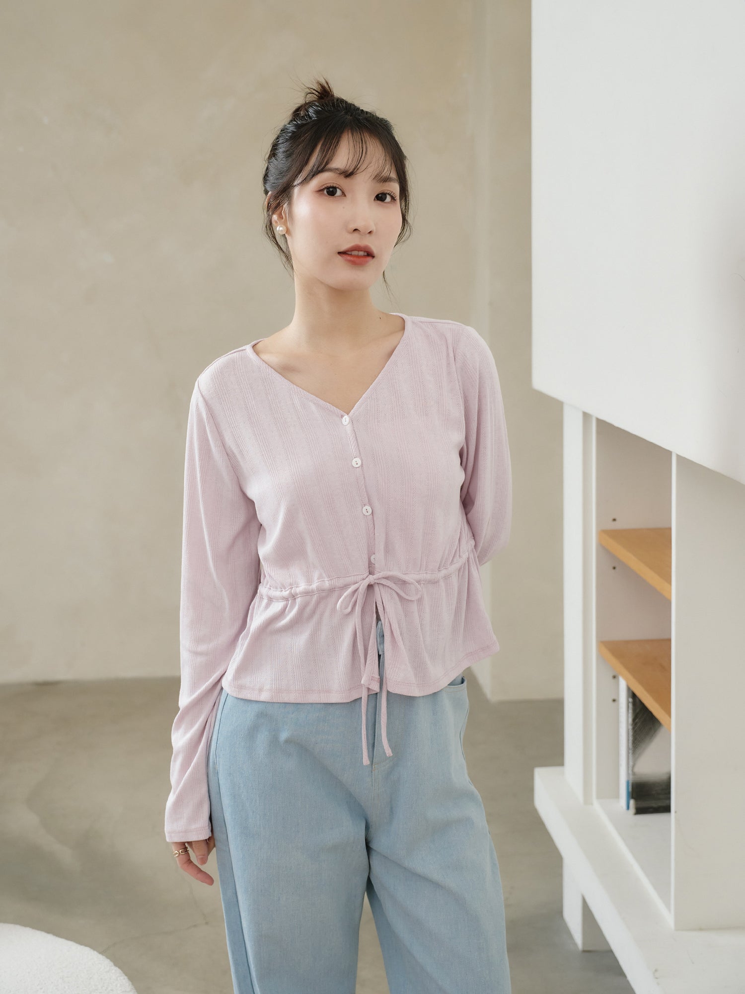Pointelle Tie Waist Knit Top
