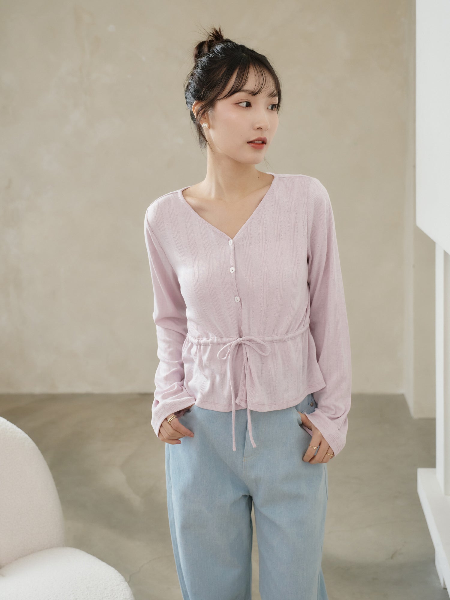 Pointelle Tie Waist Knit Top