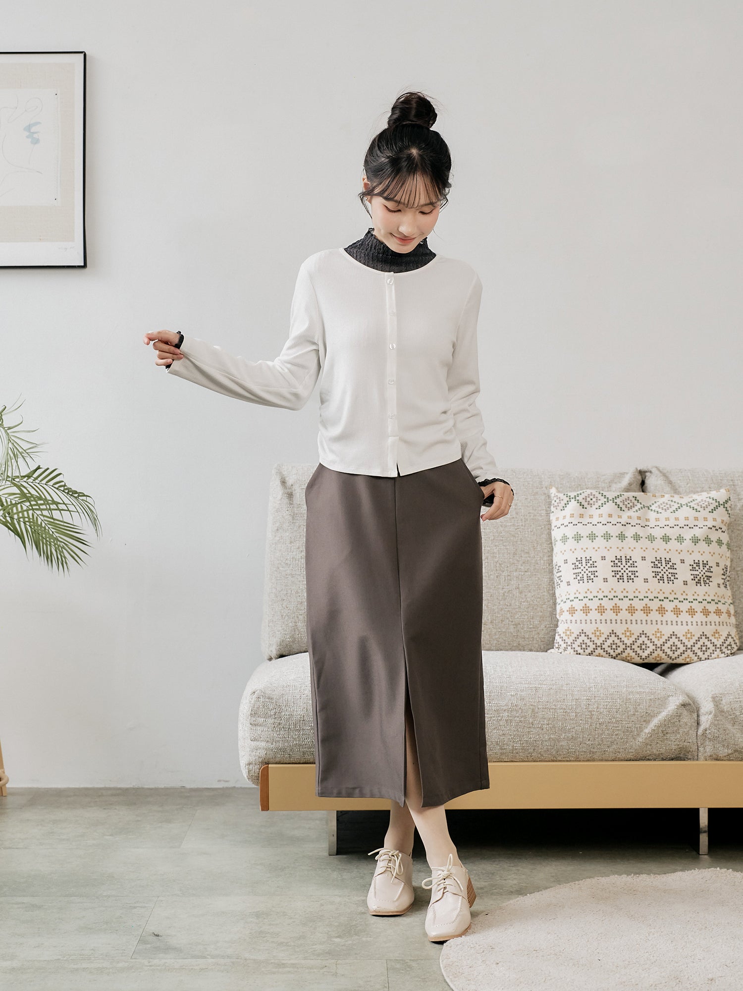 Side Shirring Buttoned Top