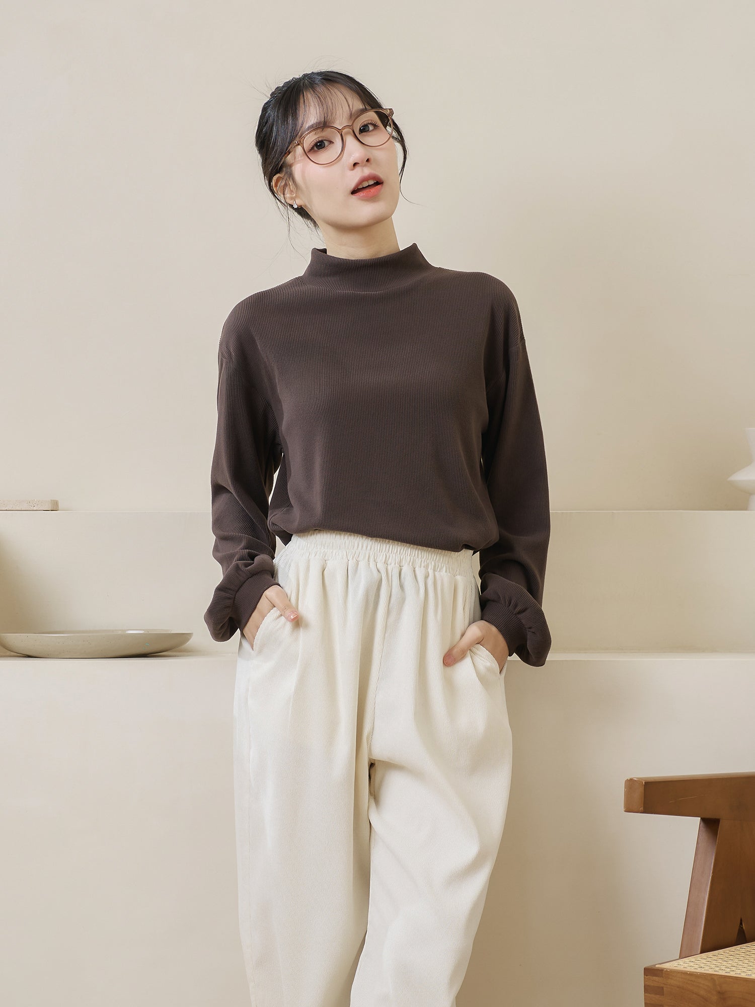 Ribbed High Neck Top